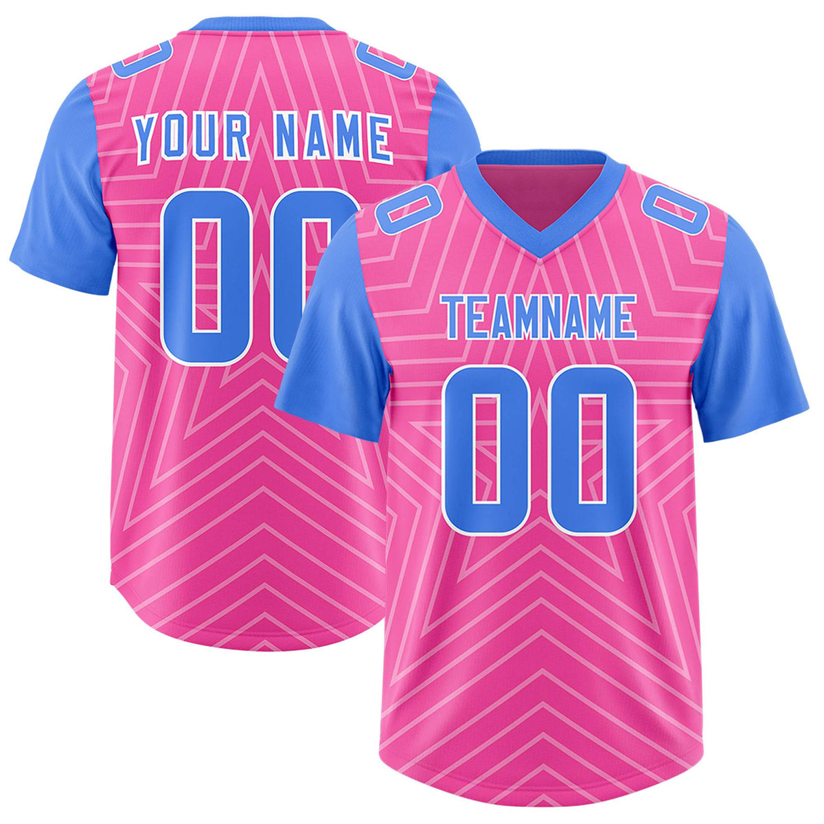 Custom Pink Powder Blue Personalized Star Pattern Raglan Sleeves Authentic American Football Jersey