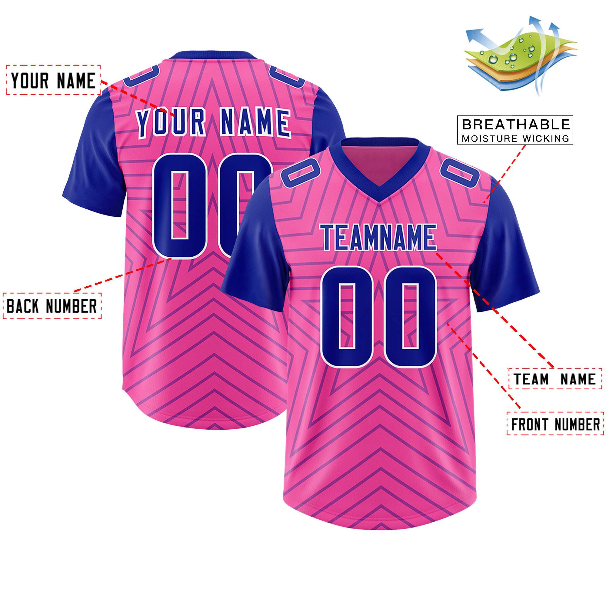 Custom Pink Royal Personalized Star Pattern Raglan Sleeves Authentic American Football Jersey
