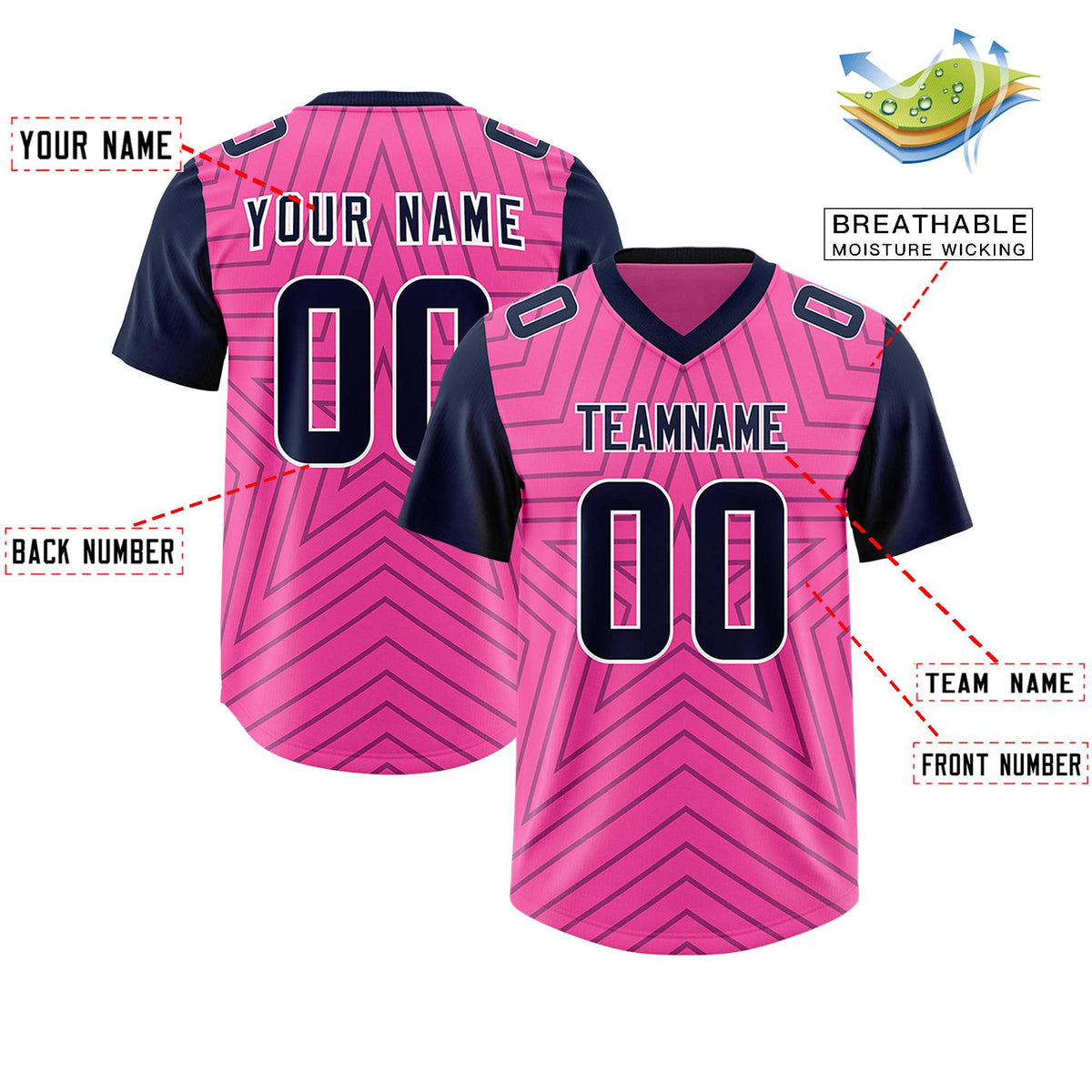 Custom Pink Navy Personalized Star Pattern Raglan Sleeves Authentic American Football Jersey