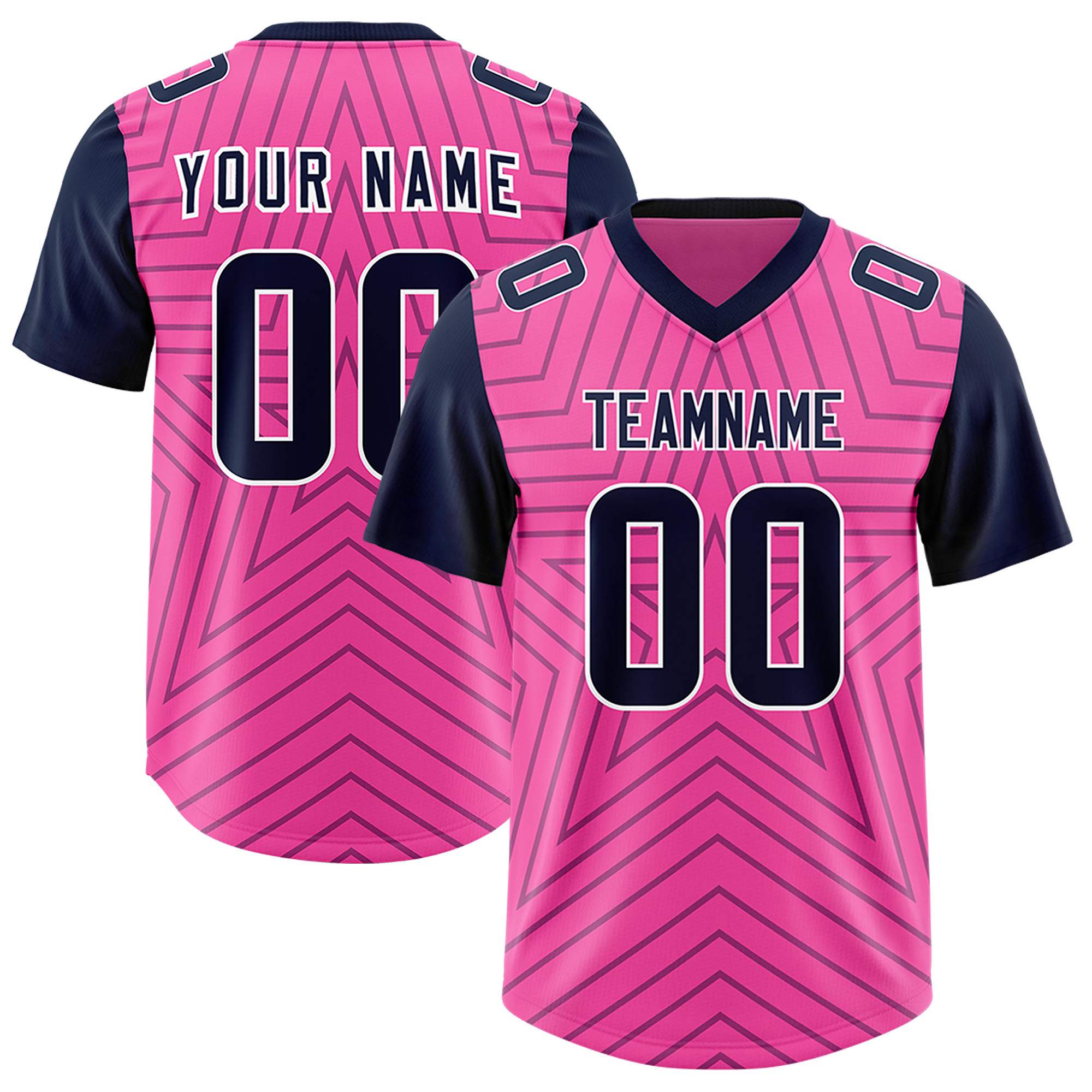 Custom Pink Navy Personalized Star Pattern Raglan Sleeves Authentic American Football Jersey