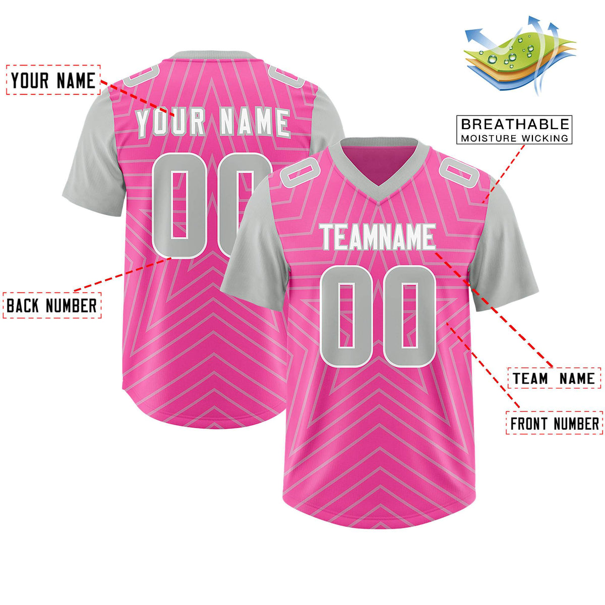 Custom Pink Gray Personalized Star Pattern Raglan Sleeves Authentic American Football Jersey