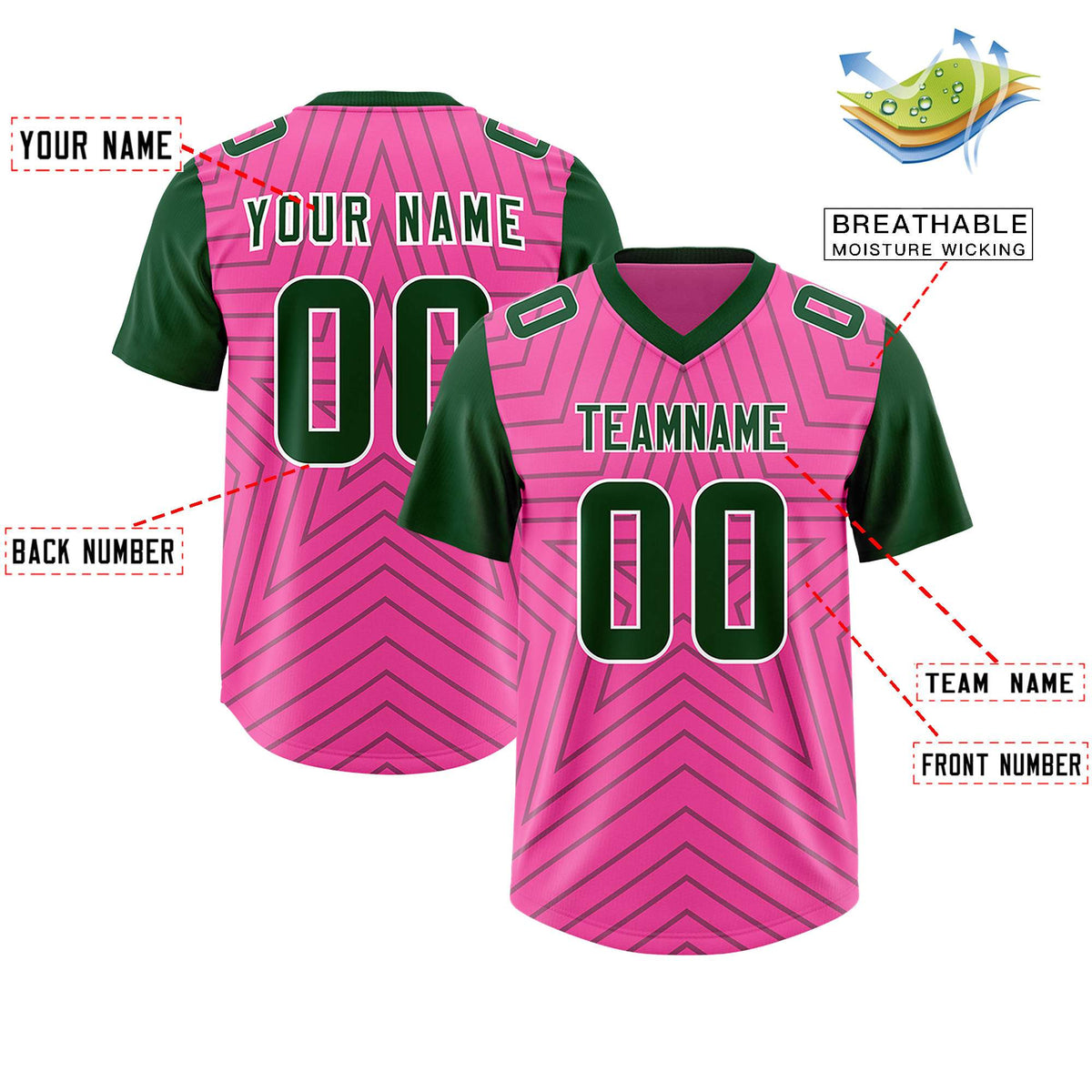 Custom Pink Green Personalized Star Pattern Raglan Sleeves Authentic American Football Jersey