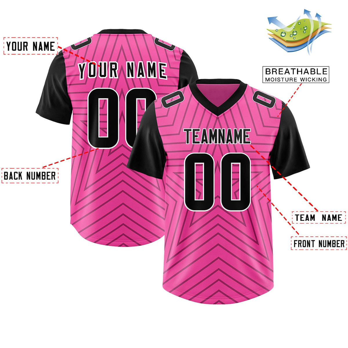 Custom Pink Black Personalized Star Pattern Raglan Sleeves Authentic American Football Jersey
