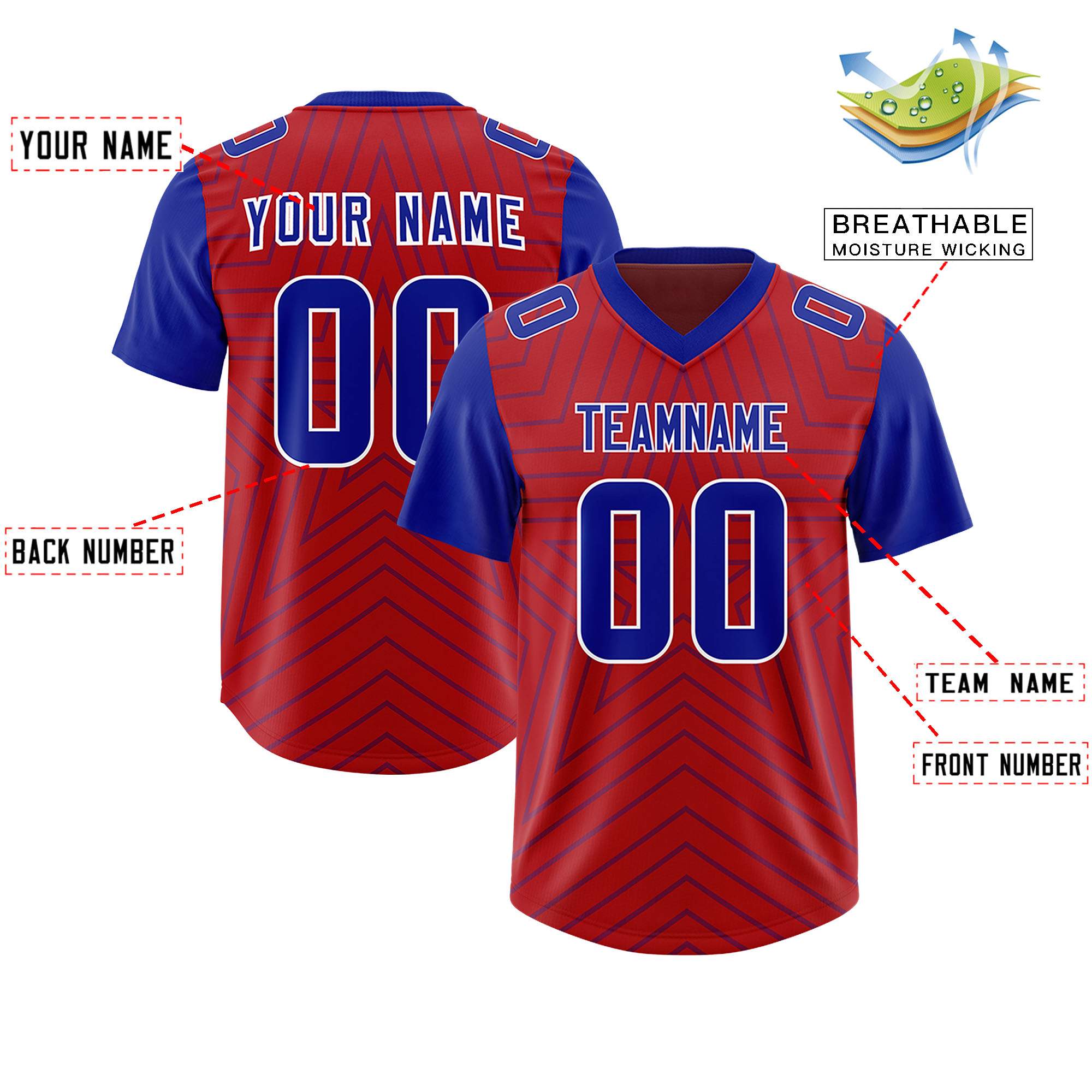 Custom Red Royal Personalized Star Pattern Raglan Sleeves Authentic American Football Jersey