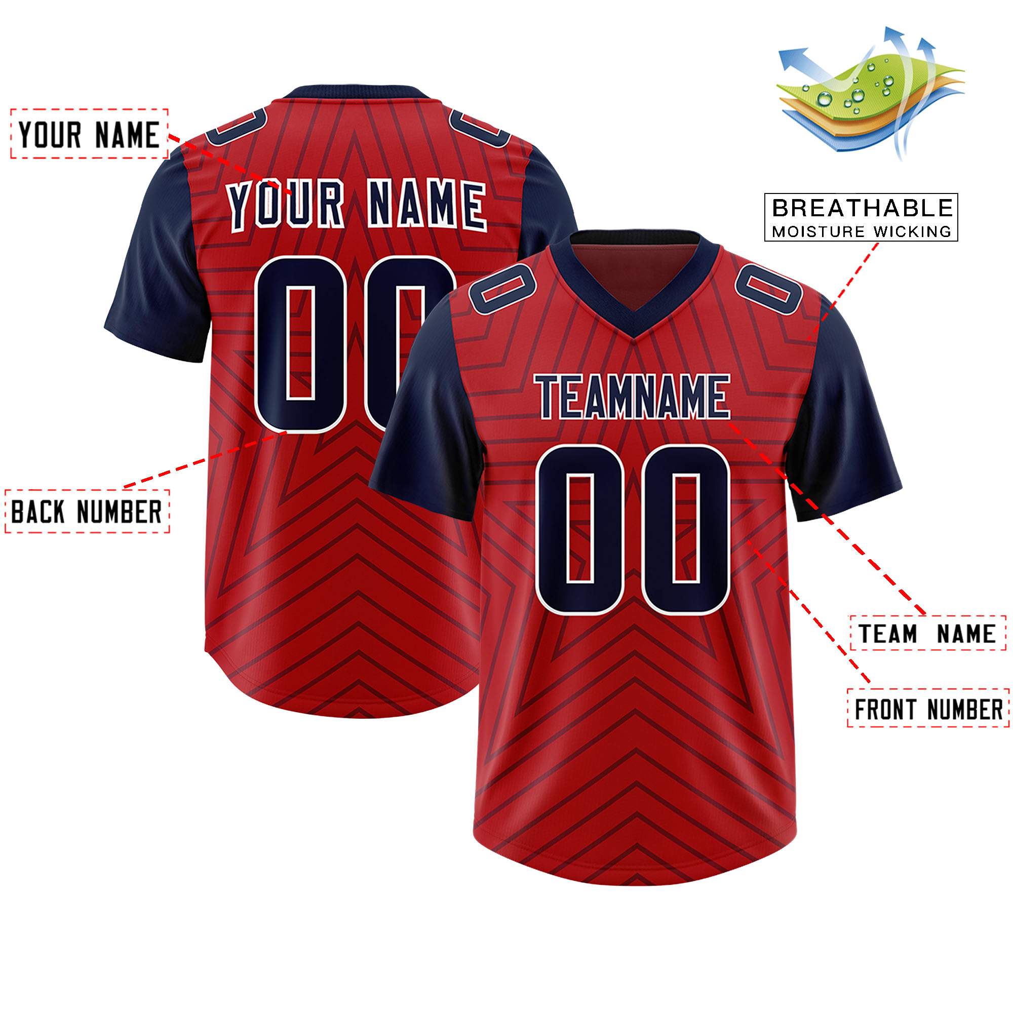 Custom Red Navy Personalized Star Pattern Raglan Sleeves Authentic American Football Jersey