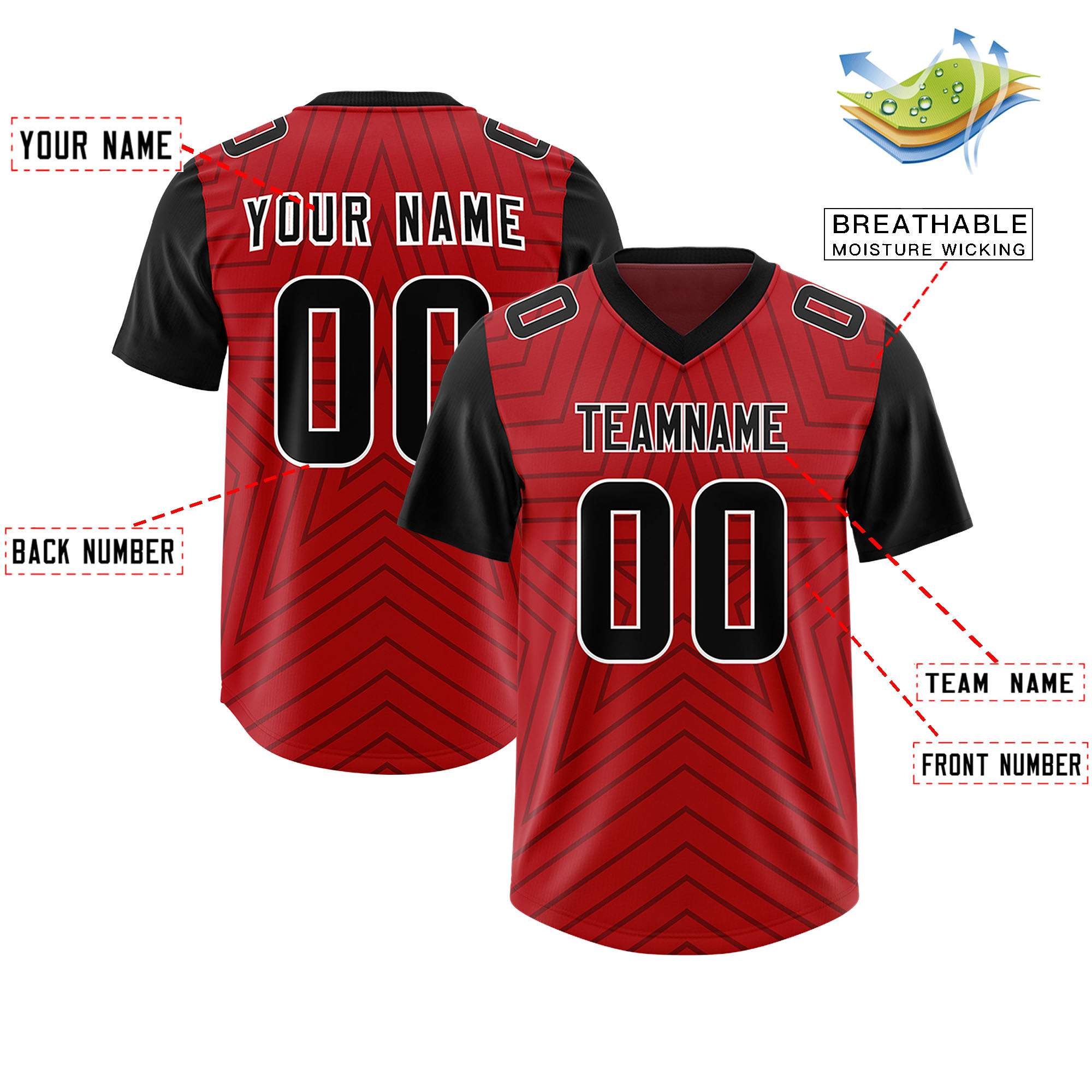 Custom Red Black Personalized Star Pattern Raglan Sleeves Authentic American Football Jersey