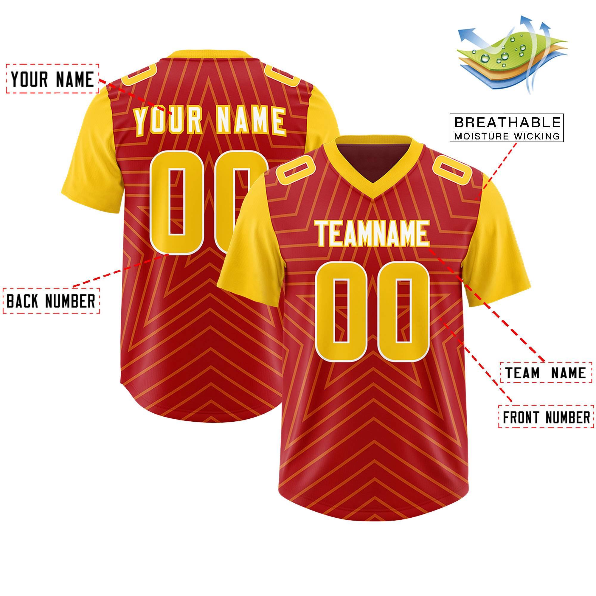 Custom Red Gold Personalized Star Pattern Raglan Sleeves Authentic American Football Jersey
