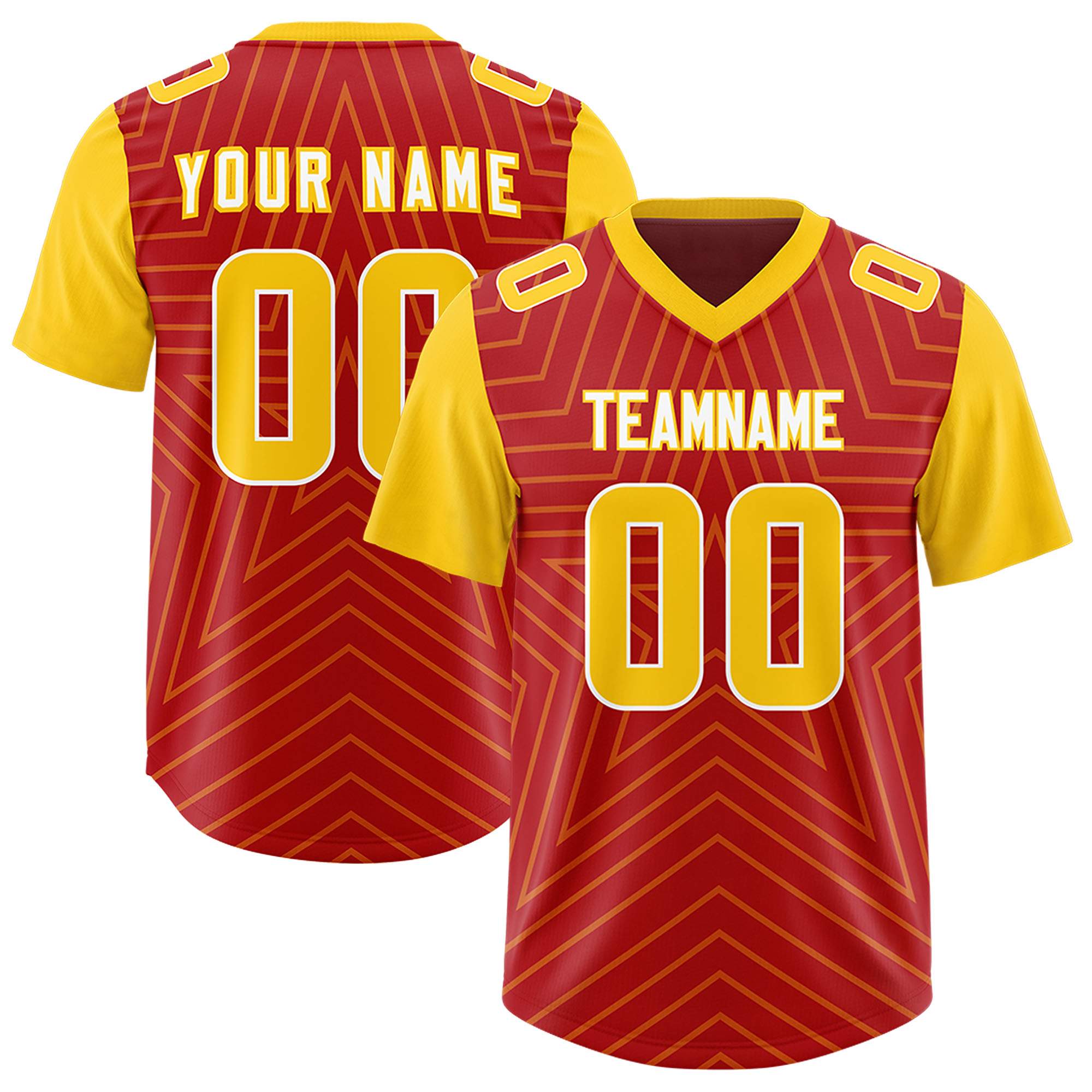 Custom Red Gold Personalized Star Pattern Raglan Sleeves Authentic American Football Jersey