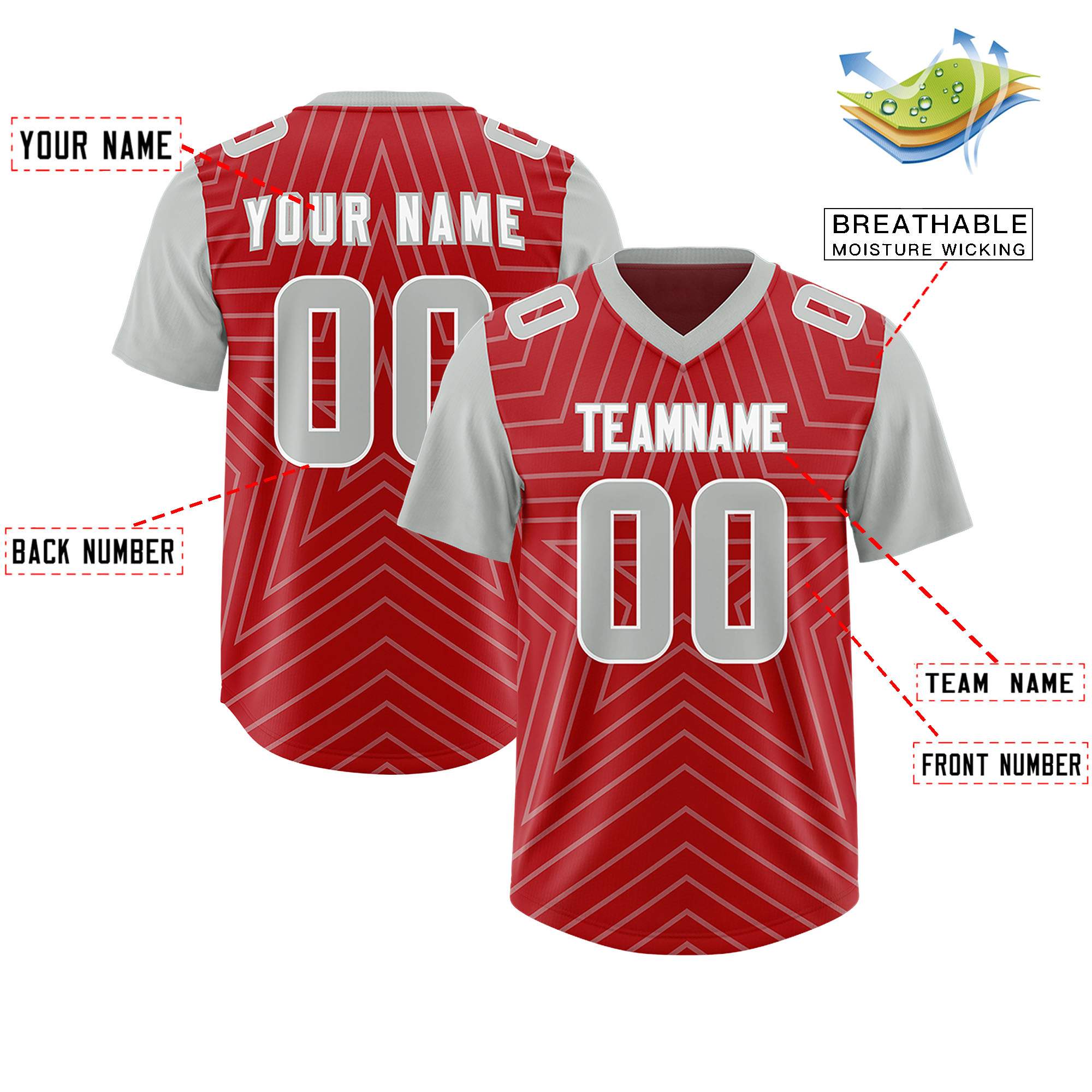Custom Red Gray Personalized Star Pattern Raglan Sleeves Authentic American Football Jersey