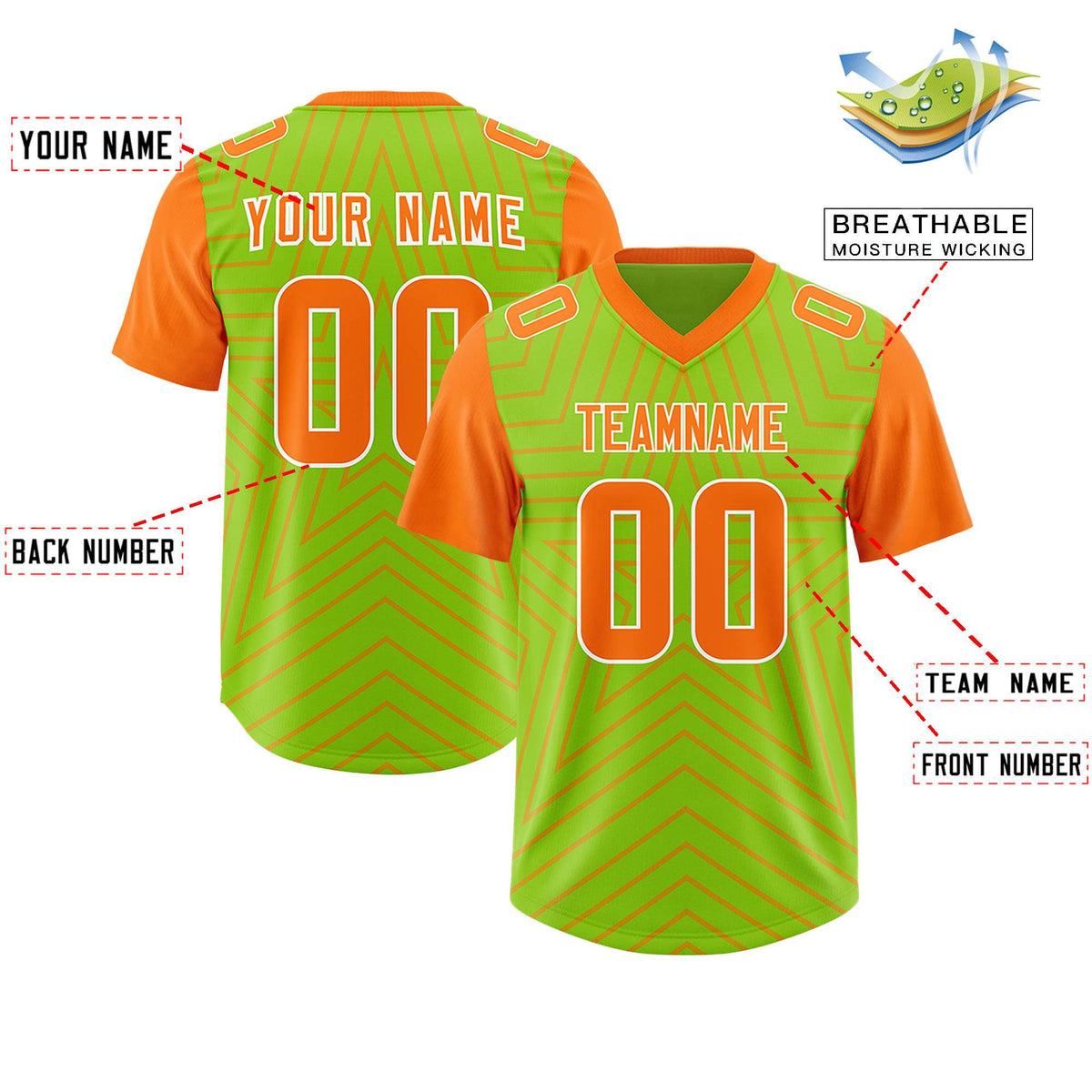 Custom Neon Green Orange Personalized Star Pattern Raglan Sleeves Authentic American Football Jersey