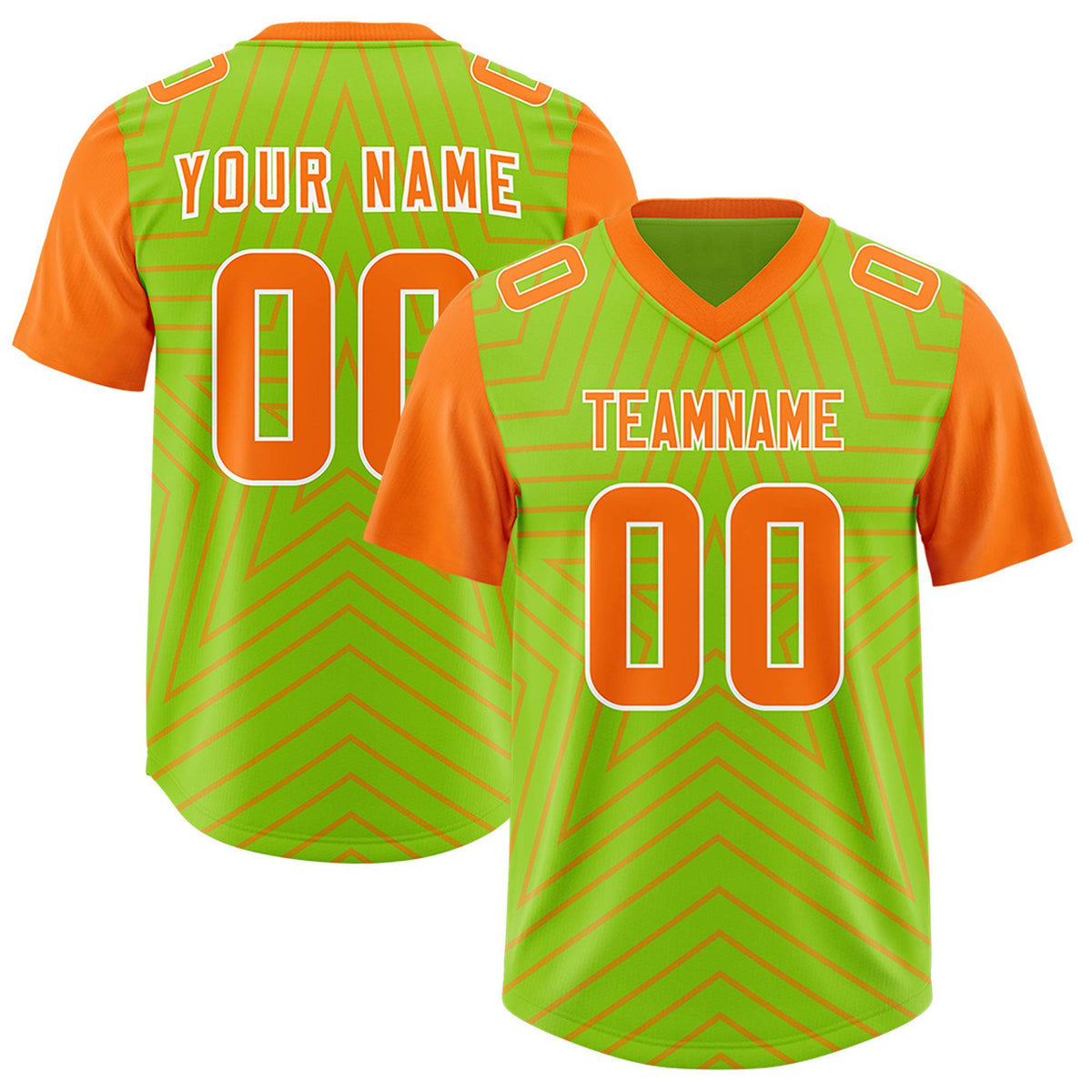 Custom Neon Green Orange Personalized Star Pattern Raglan Sleeves Authentic American Football Jersey