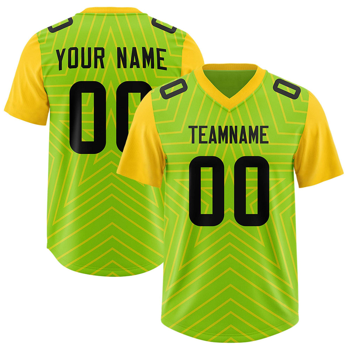 Custom Neon Green Gold Personalized Star Pattern Raglan Sleeves Authentic American Football Jersey