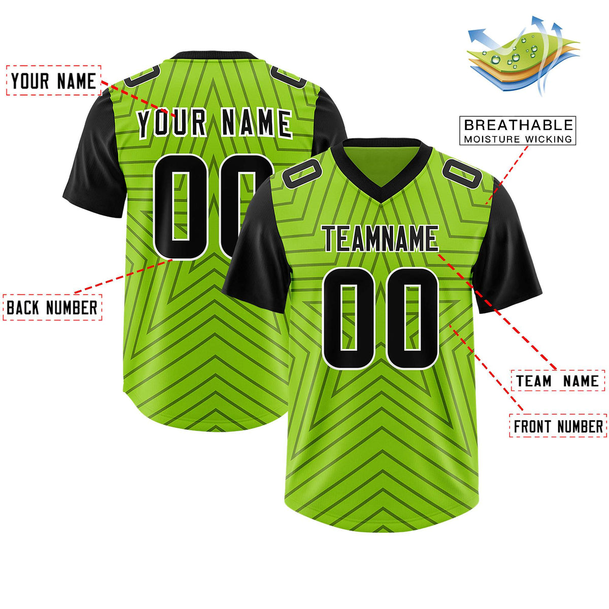 Custom Neon Green Black Personalized Star Pattern Raglan Sleeves Authentic American Football Jersey