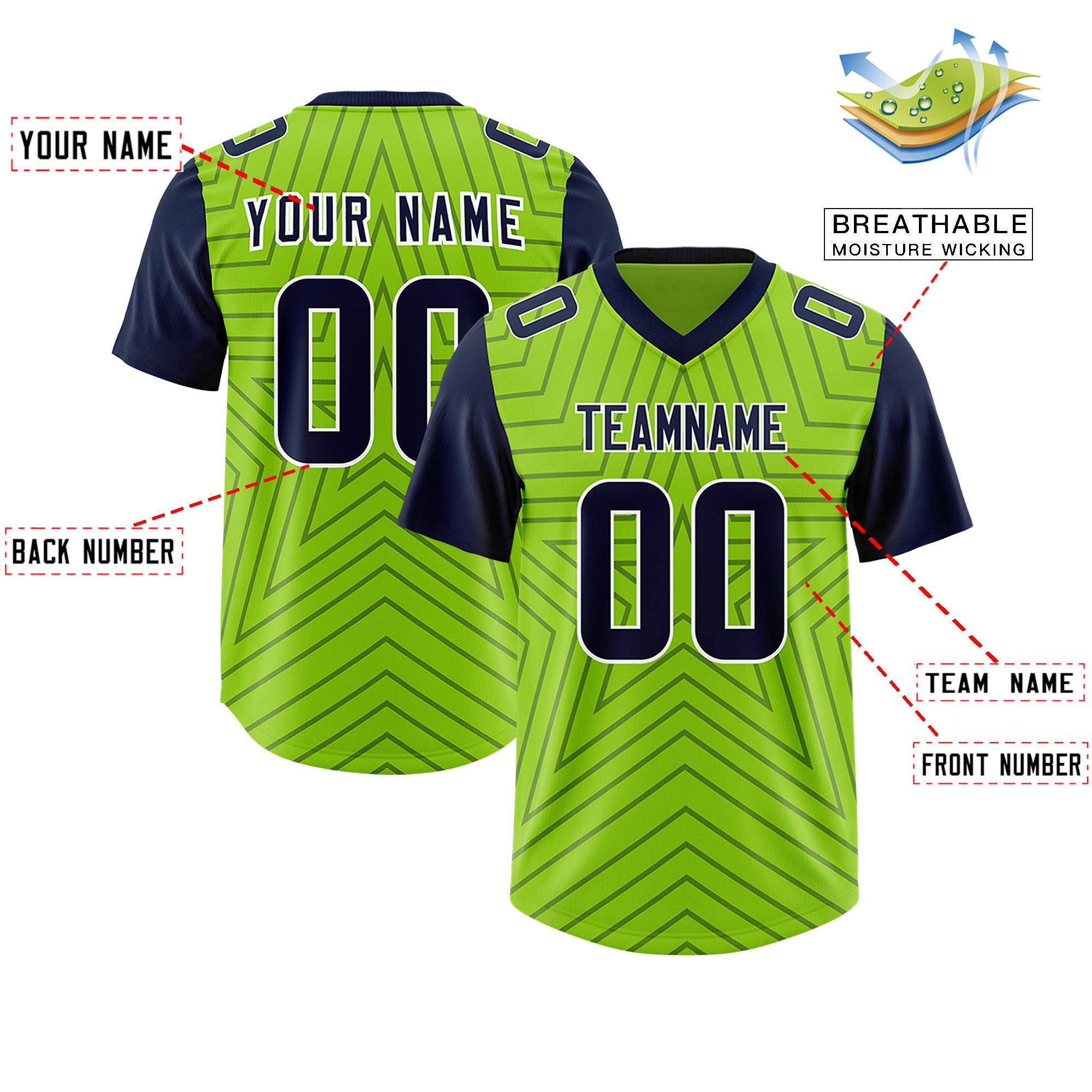 Custom Neon Green Navy Personalized Star Pattern Raglan Sleeves Authentic American Football Jersey