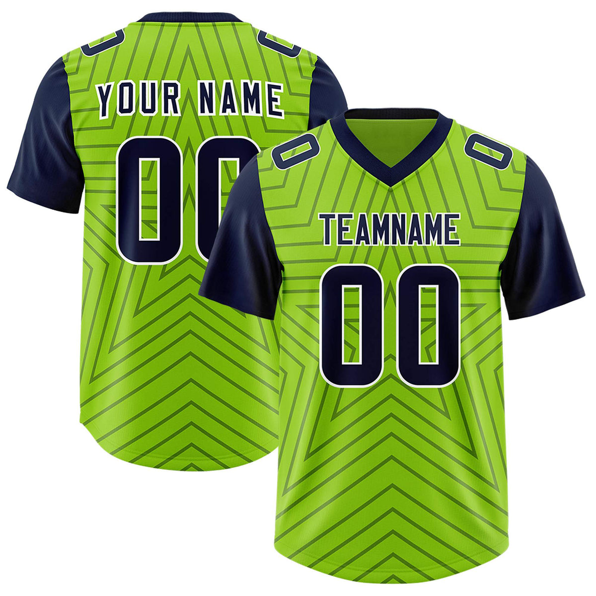 Custom Neon Green Navy Personalized Star Pattern Raglan Sleeves Authentic American Football Jersey