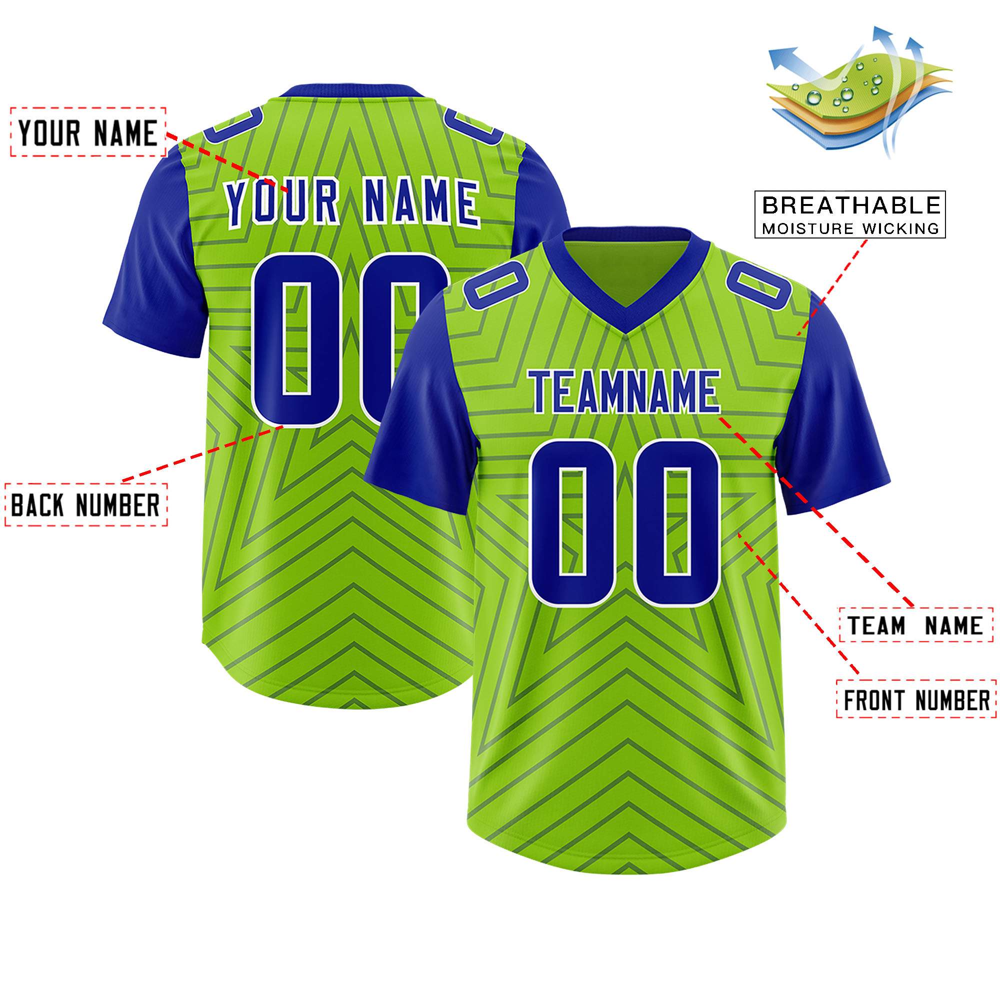 Custom Neon Green Royal Personalized Star Pattern Raglan Sleeves Authentic American Football Jersey