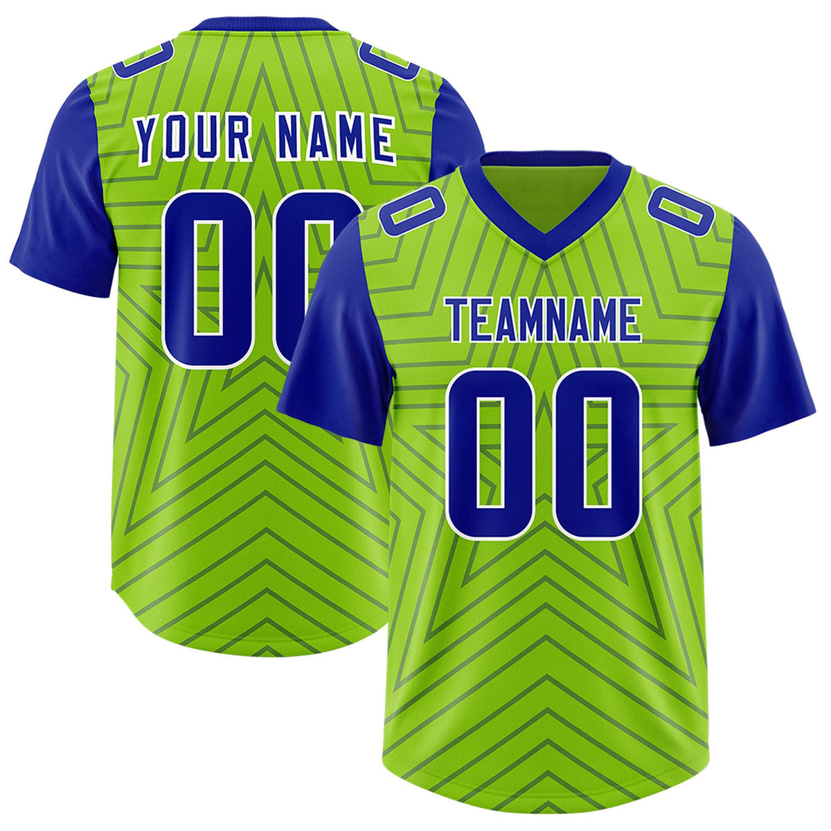 Custom Neon Green Royal Personalized Star Pattern Raglan Sleeves Authentic American Football Jersey