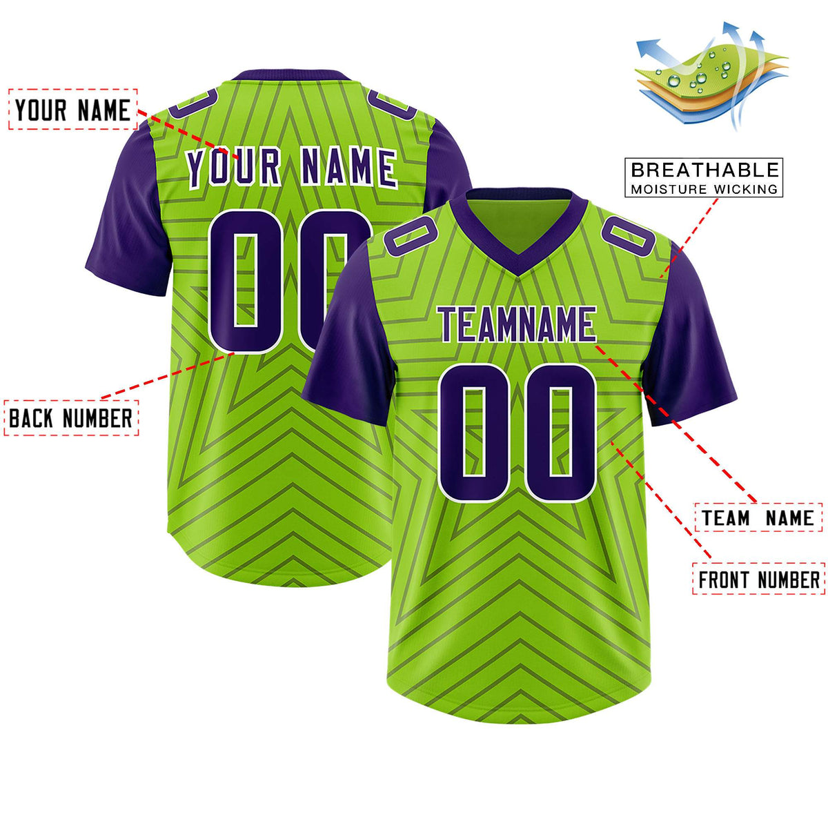 Custom Neon Green Purple Personalized Star Pattern Raglan Sleeves Authentic American Football Jersey