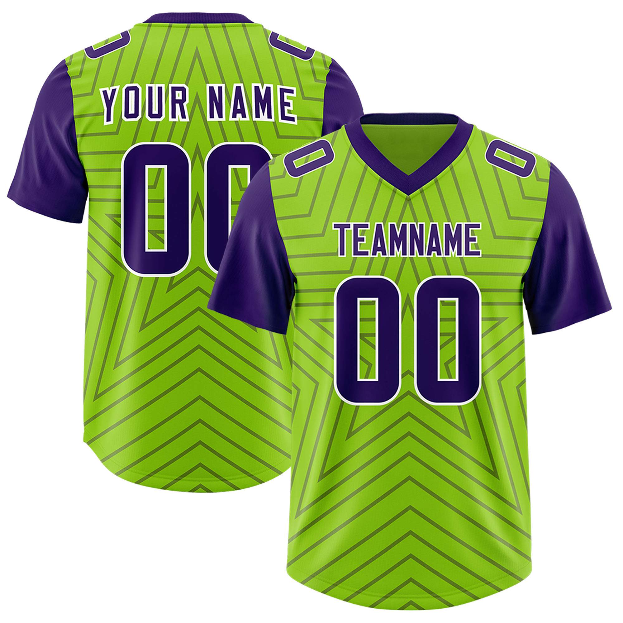 Custom Neon Green Purple Personalized Star Pattern Raglan Sleeves Authentic American Football Jersey