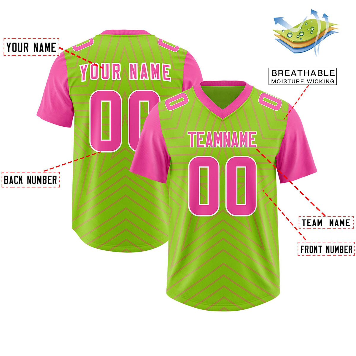 Custom Neon Green Pink Personalized Star Pattern Raglan Sleeves Authentic American Football Jersey