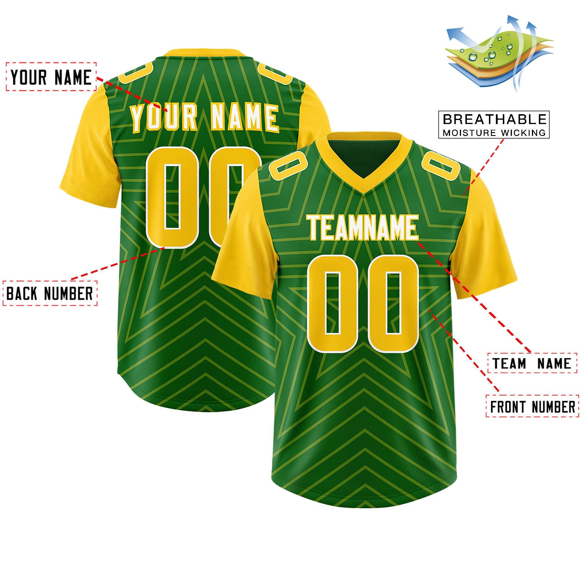 Custom Kelly Green Gold Personalized Star Pattern Raglan Sleeves Authentic American Football Jersey