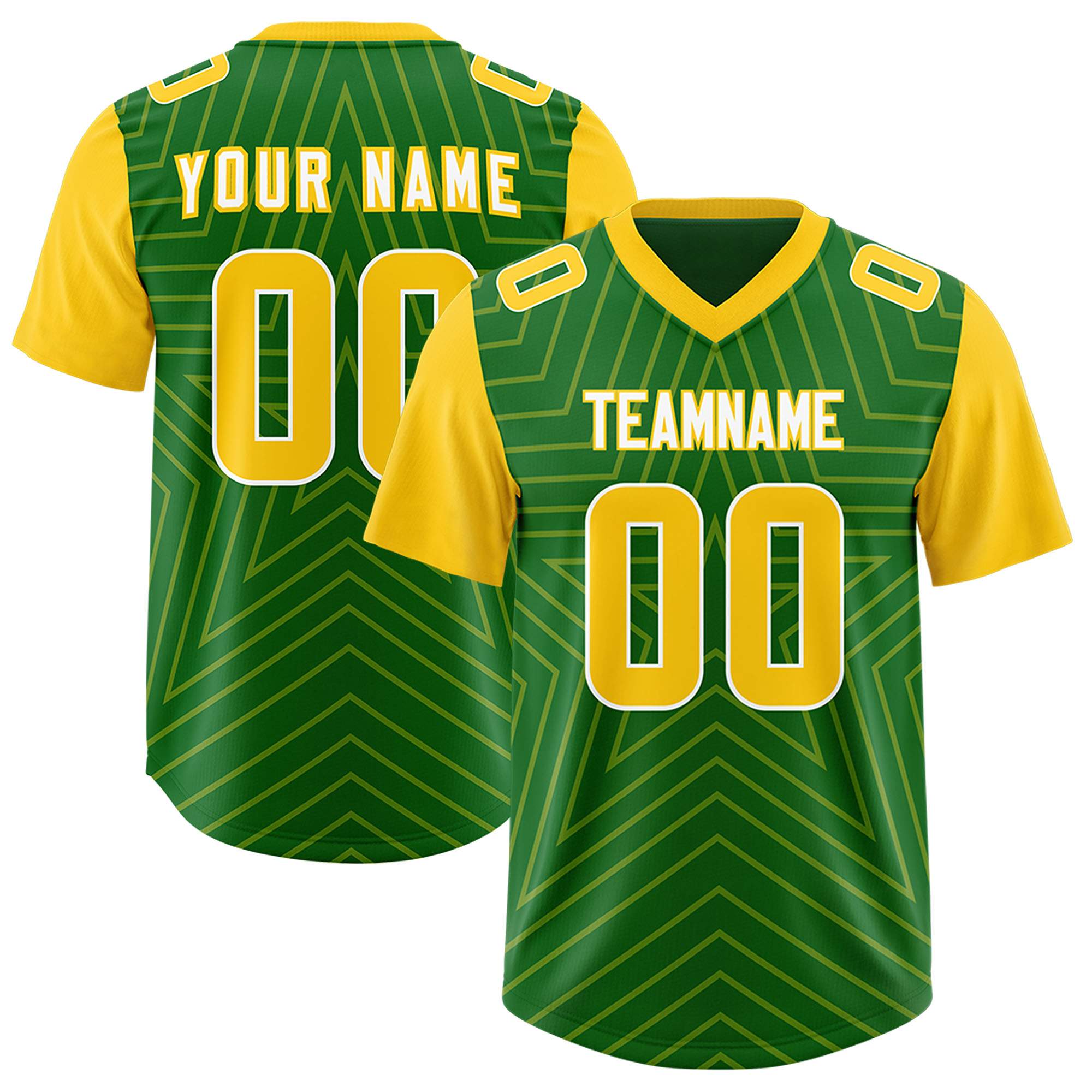 Custom Kelly Green Gold Personalized Star Pattern Raglan Sleeves Authentic American Football Jersey