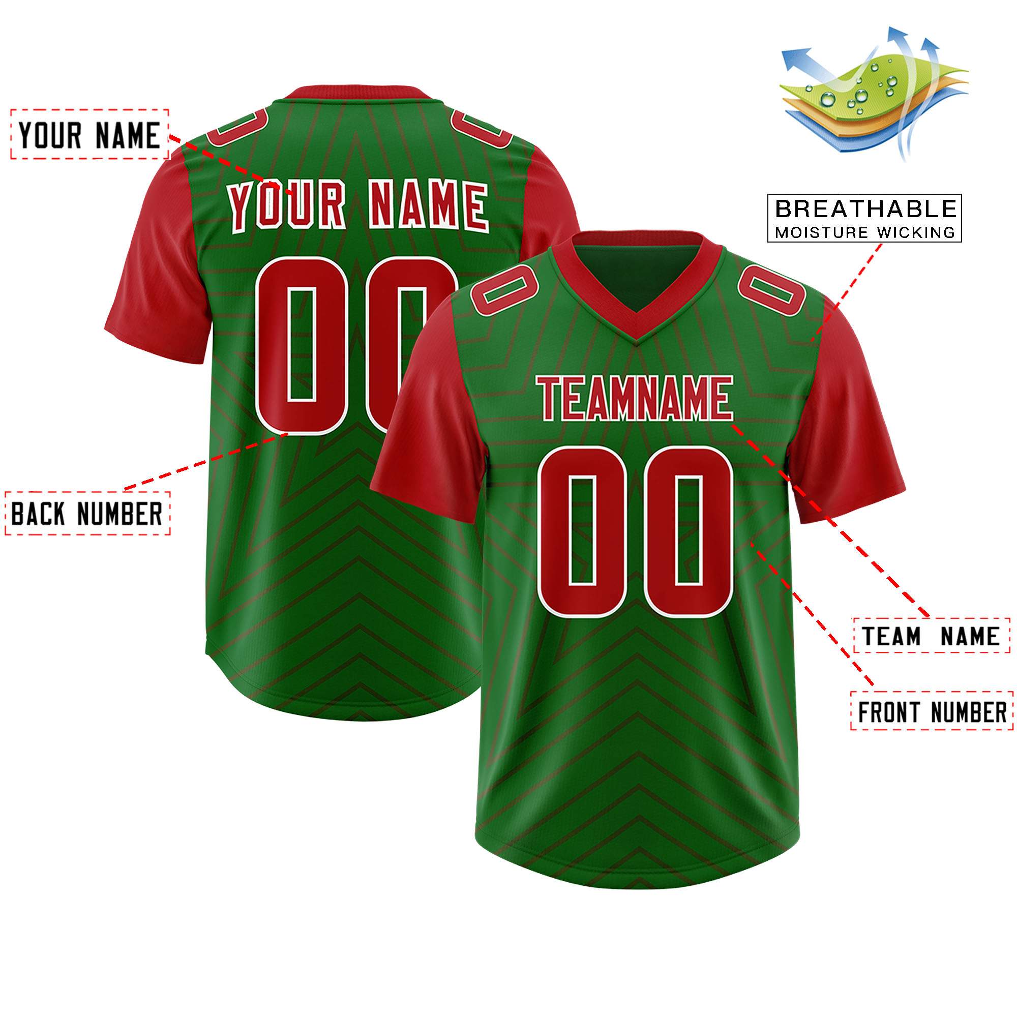 Custom Kelly Green Red Personalized Star Pattern Raglan Sleeves Authentic American Football Jersey