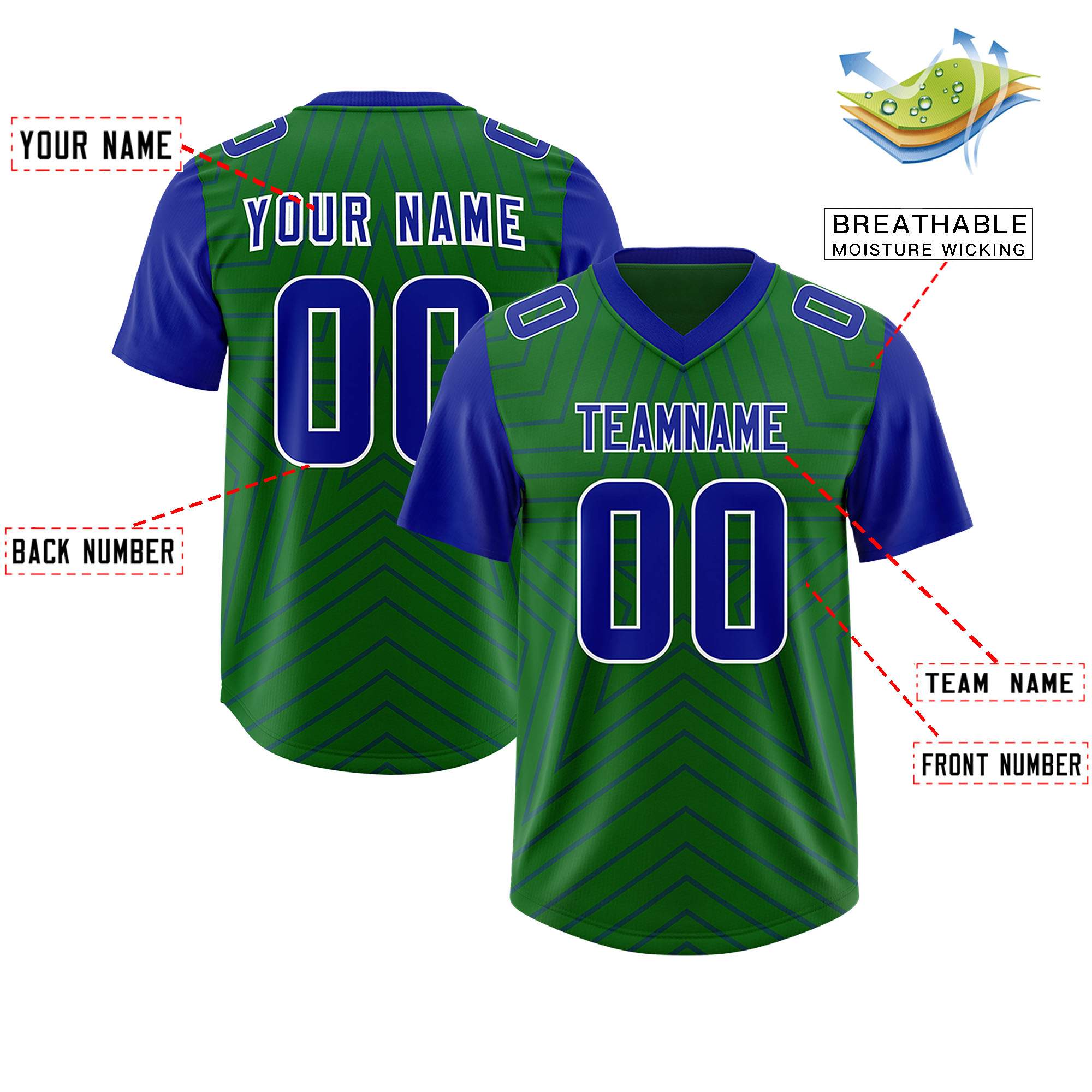 Custom Kelly Green Royal Personalized Star Pattern Raglan Sleeves Authentic American Football Jersey