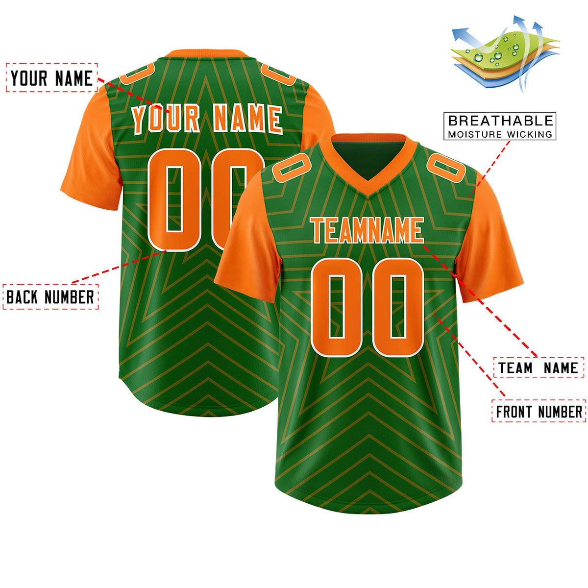 Custom Kelly Green Orange Personalized Star Pattern Raglan Sleeves Authentic American Football Jersey
