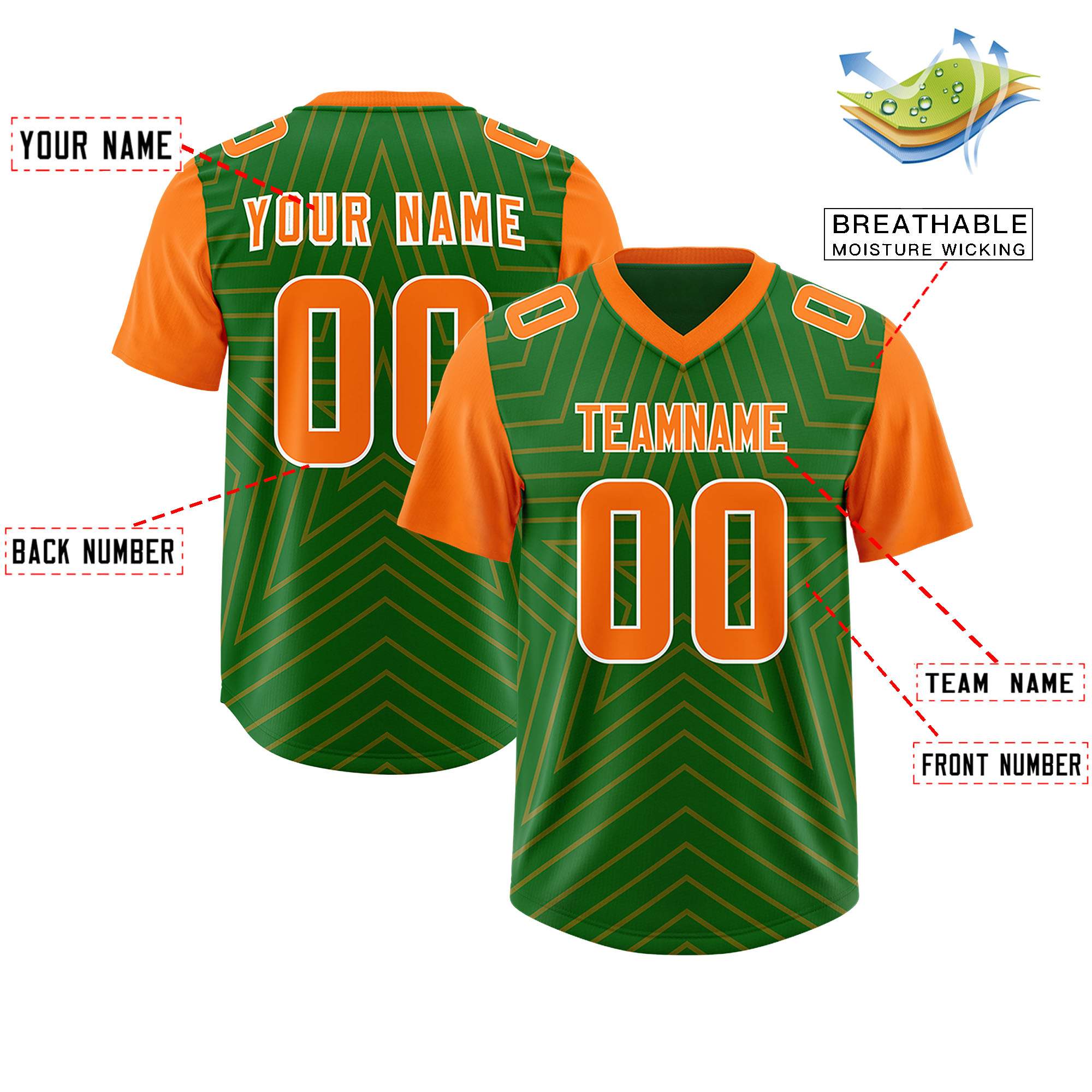 Custom Kelly Green Orange Personalized Star Pattern Raglan Sleeves Authentic American Football Jersey