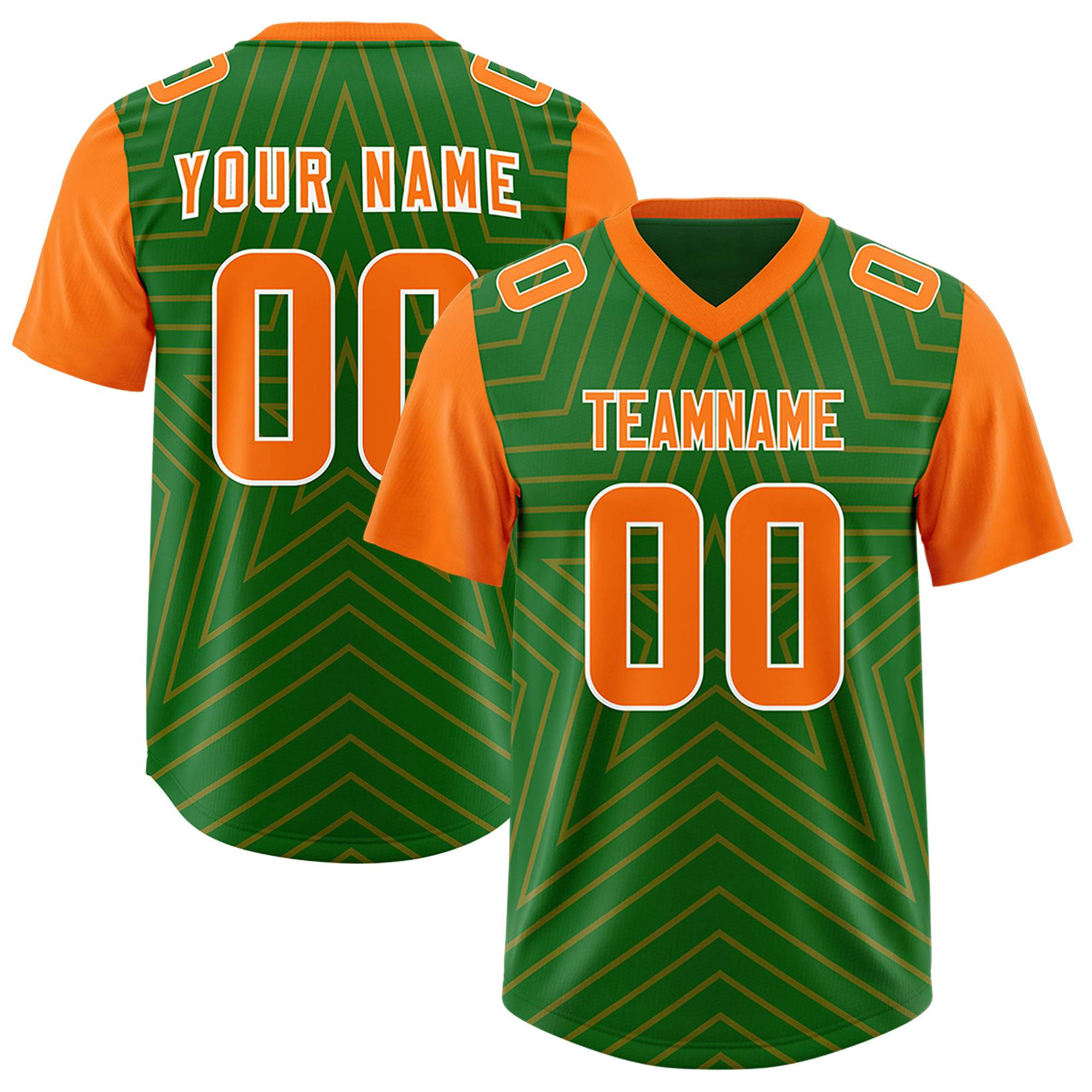 Custom Kelly Green Orange Personalized Star Pattern Raglan Sleeves Authentic American Football Jersey