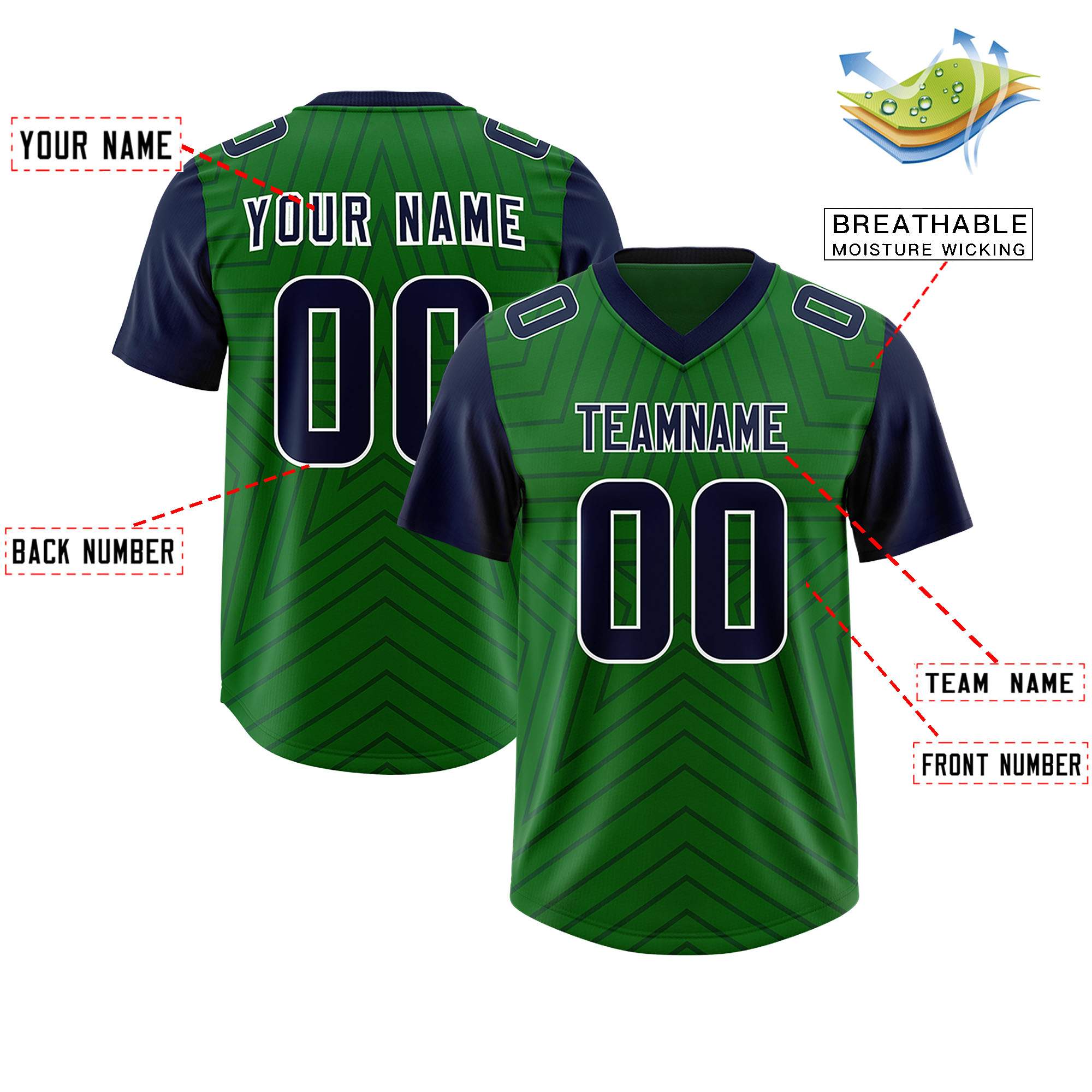 Custom Kelly Green Navy Personalized Star Pattern Raglan Sleeves Authentic American Football Jersey