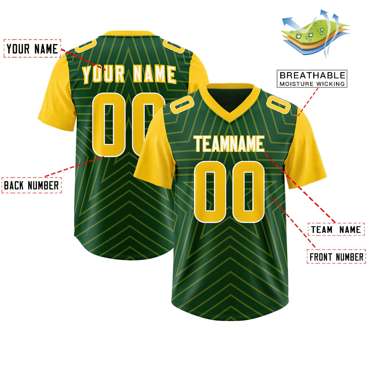 Custom Green Gold Personalized Star Pattern Raglan Sleeves Authentic American Football Jersey