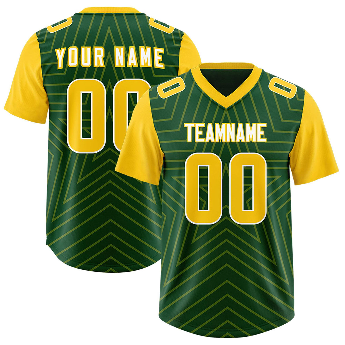 Custom Green Gold Personalized Star Pattern Raglan Sleeves Authentic American Football Jersey