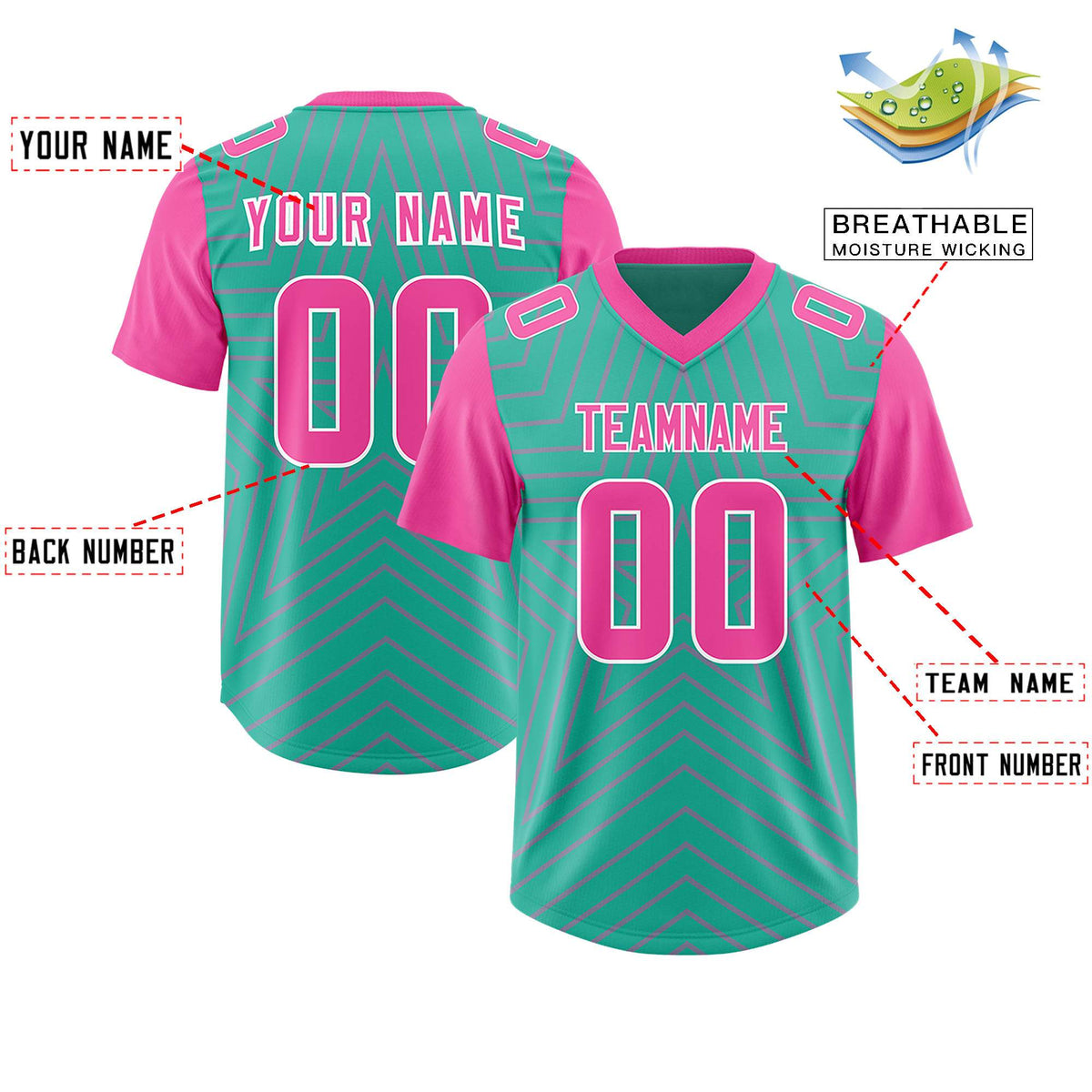 Custom Bright Green Pink Personalized Star Pattern Raglan Sleeves Authentic American Football Jersey