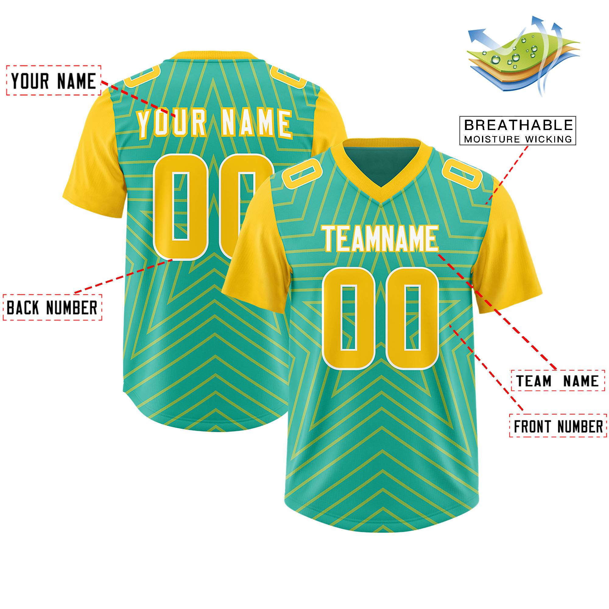 Custom Bright Green Gold Personalized Star Pattern Raglan Sleeves Authentic American Football Jersey