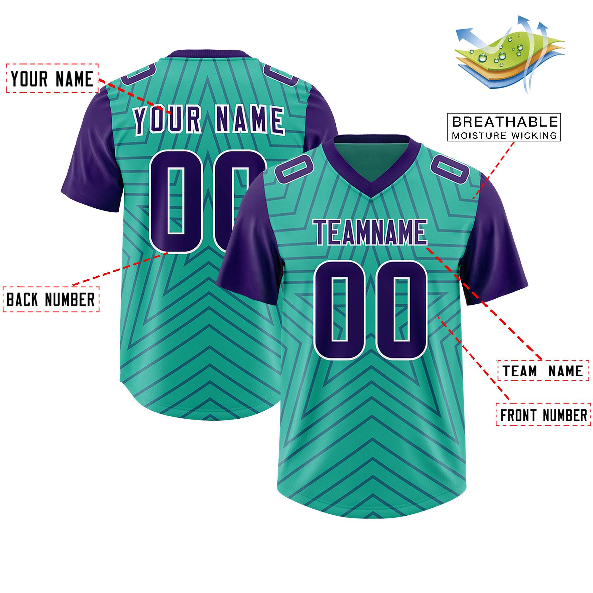 Custom Bright Green Purple Personalized Star Pattern Raglan Sleeves Authentic American Football Jersey