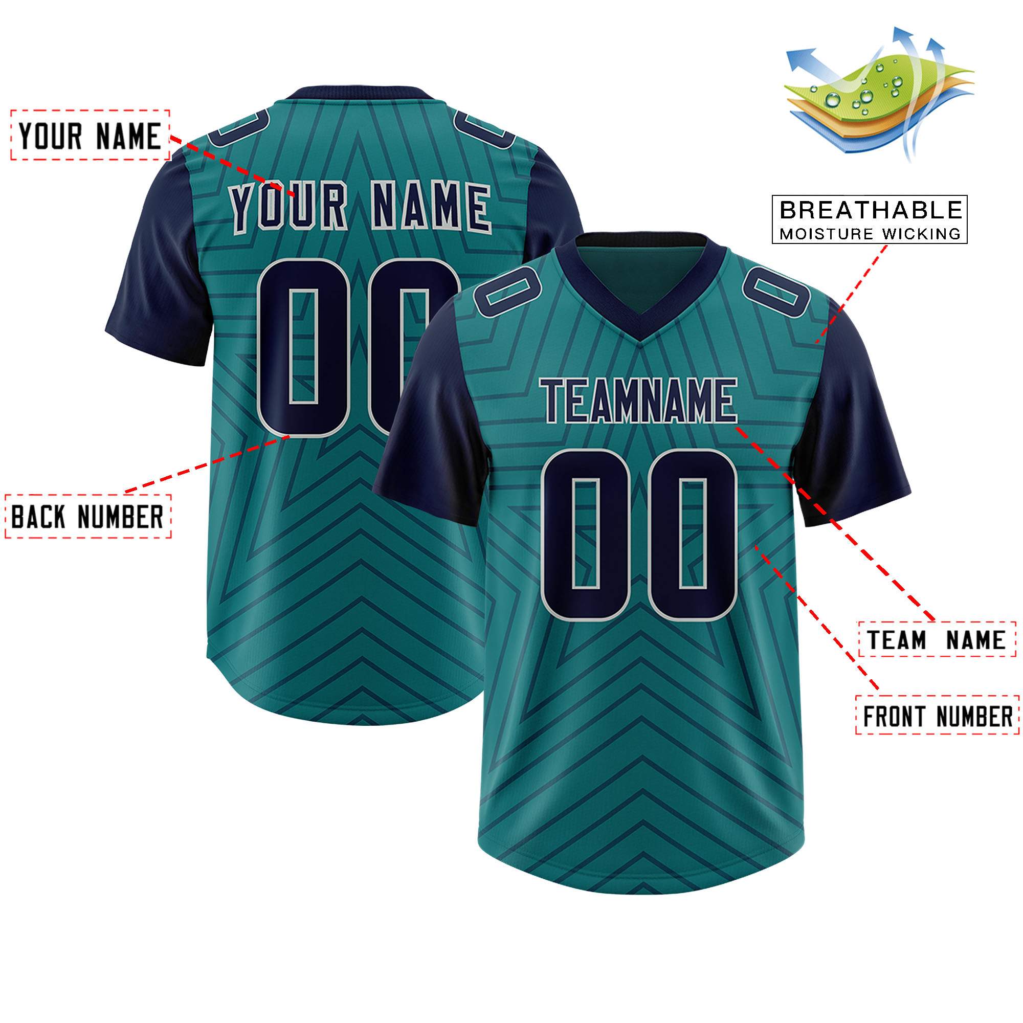 Custom Aqua Navy Personalized Star Pattern Raglan Sleeves Authentic American Football Jersey