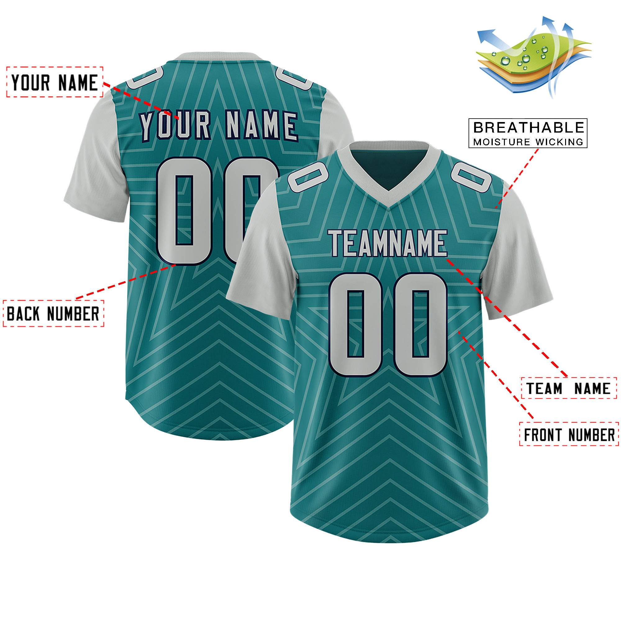 Custom Aqua Gray Personalized Star Pattern Raglan Sleeves Authentic American Football Jersey