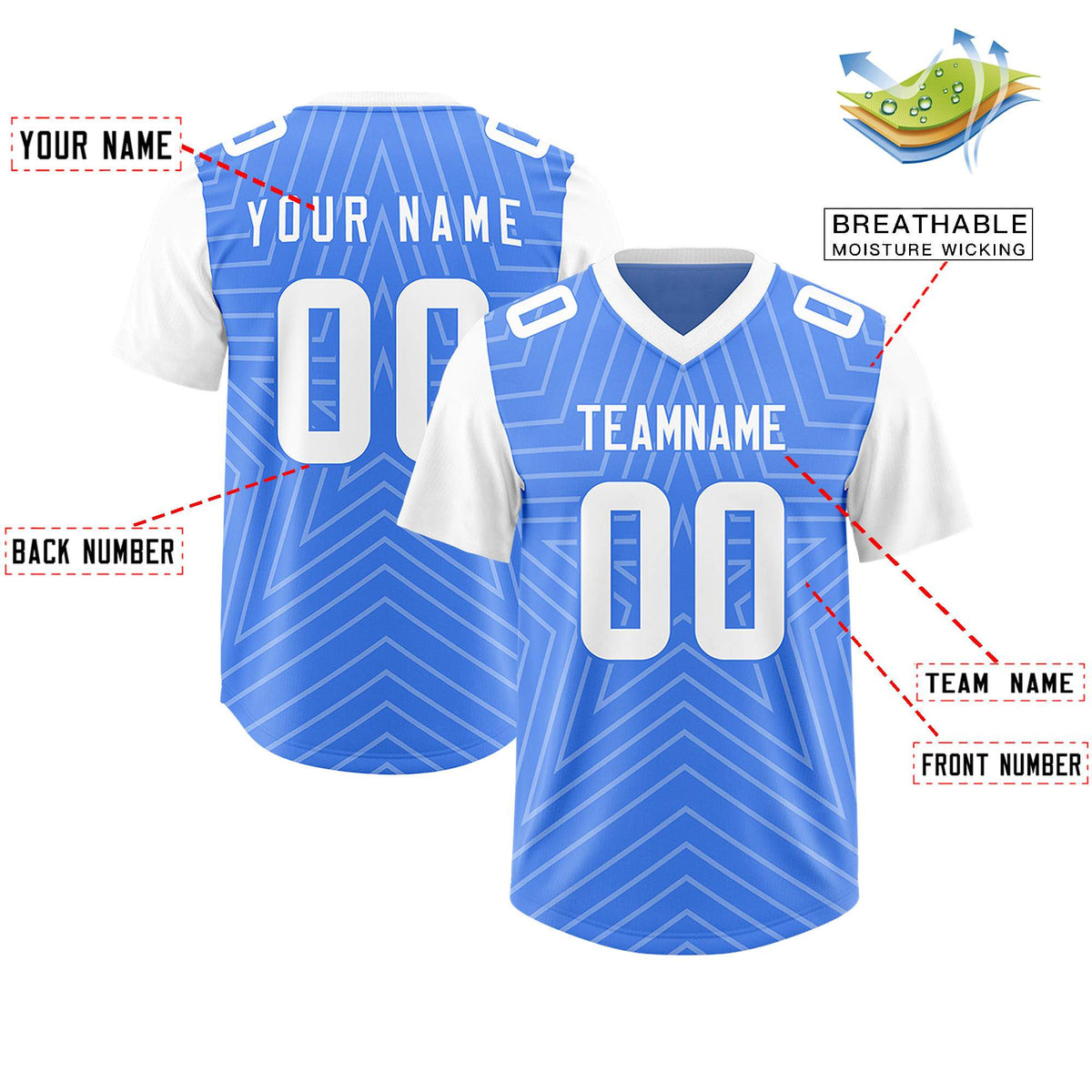 Custom Powder Blue White Personalized Star Pattern Raglan Sleeves Authentic American Football Jersey