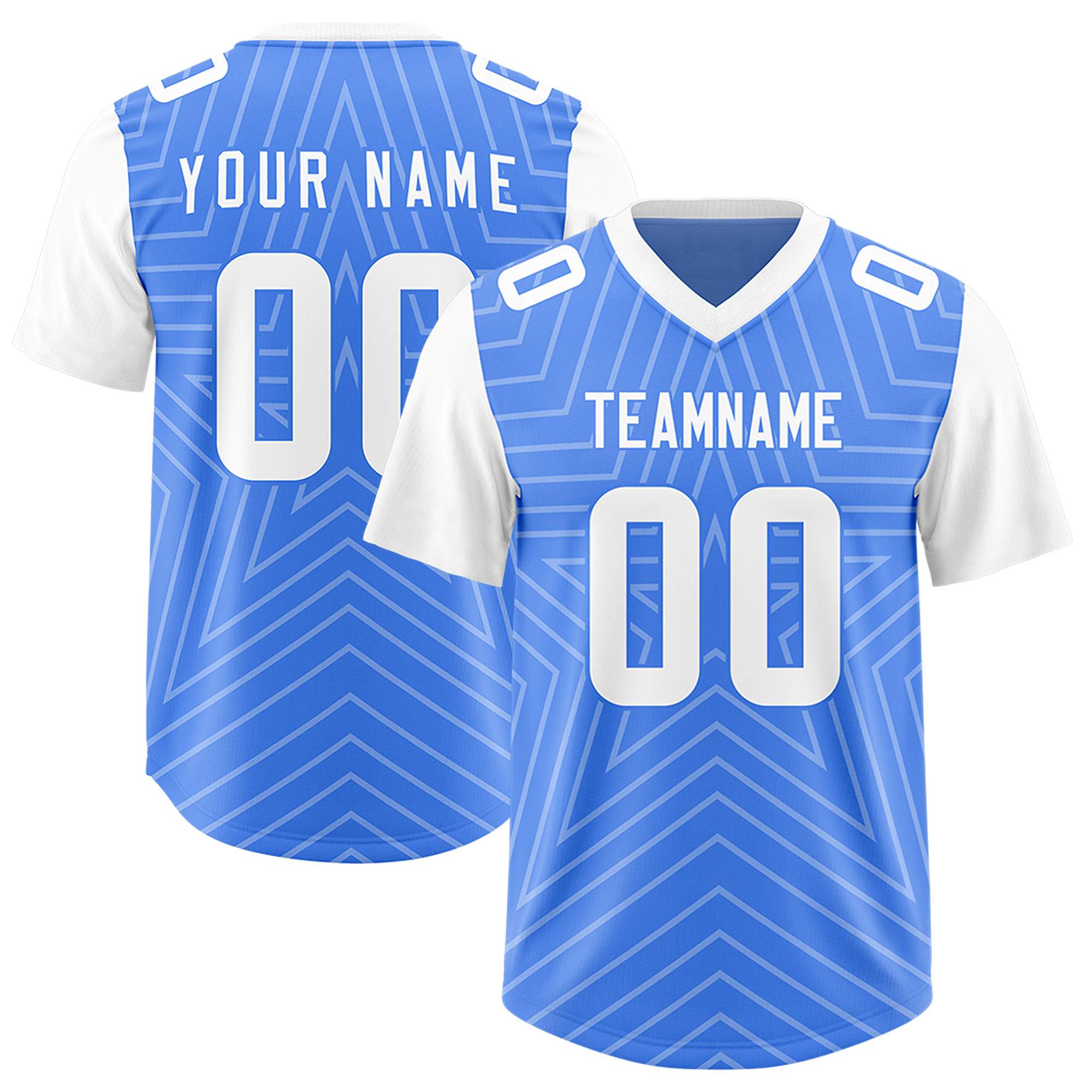 Custom Powder Blue White Personalized Star Pattern Raglan Sleeves Authentic American Football Jersey