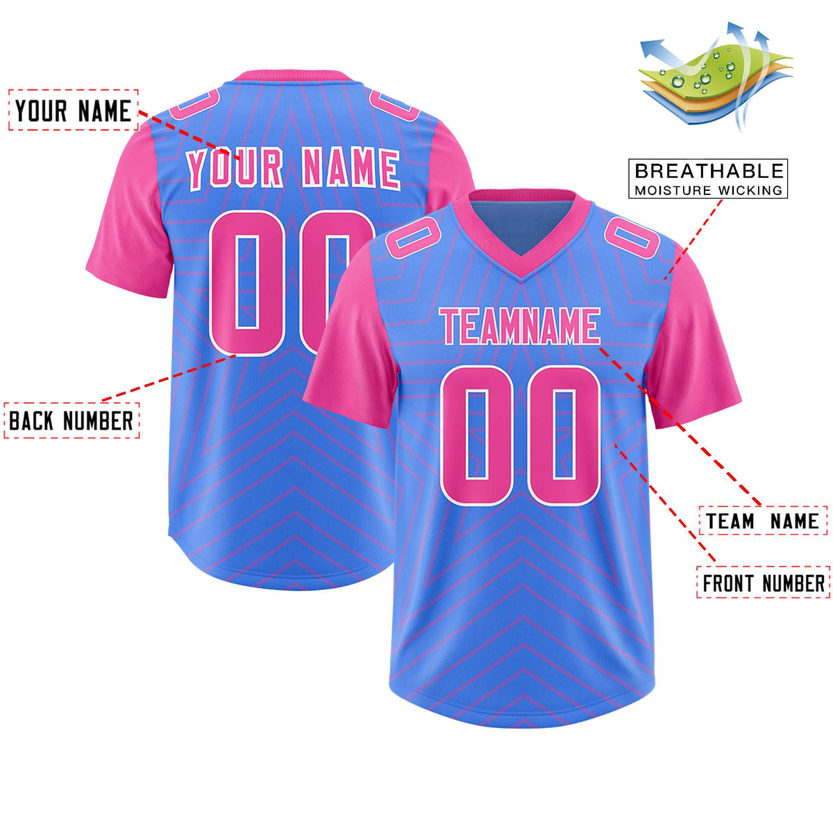 Custom Powder Blue Pink Personalized Star Pattern Raglan Sleeves Authentic American Football Jersey