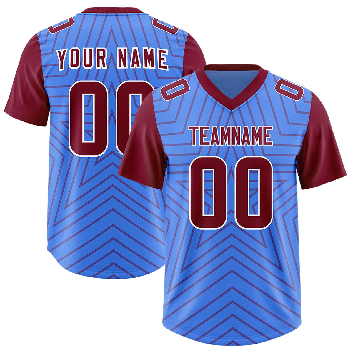 Custom Powder Blue Cardinal Personalized Star Pattern Raglan Sleeves Authentic American Football Jersey