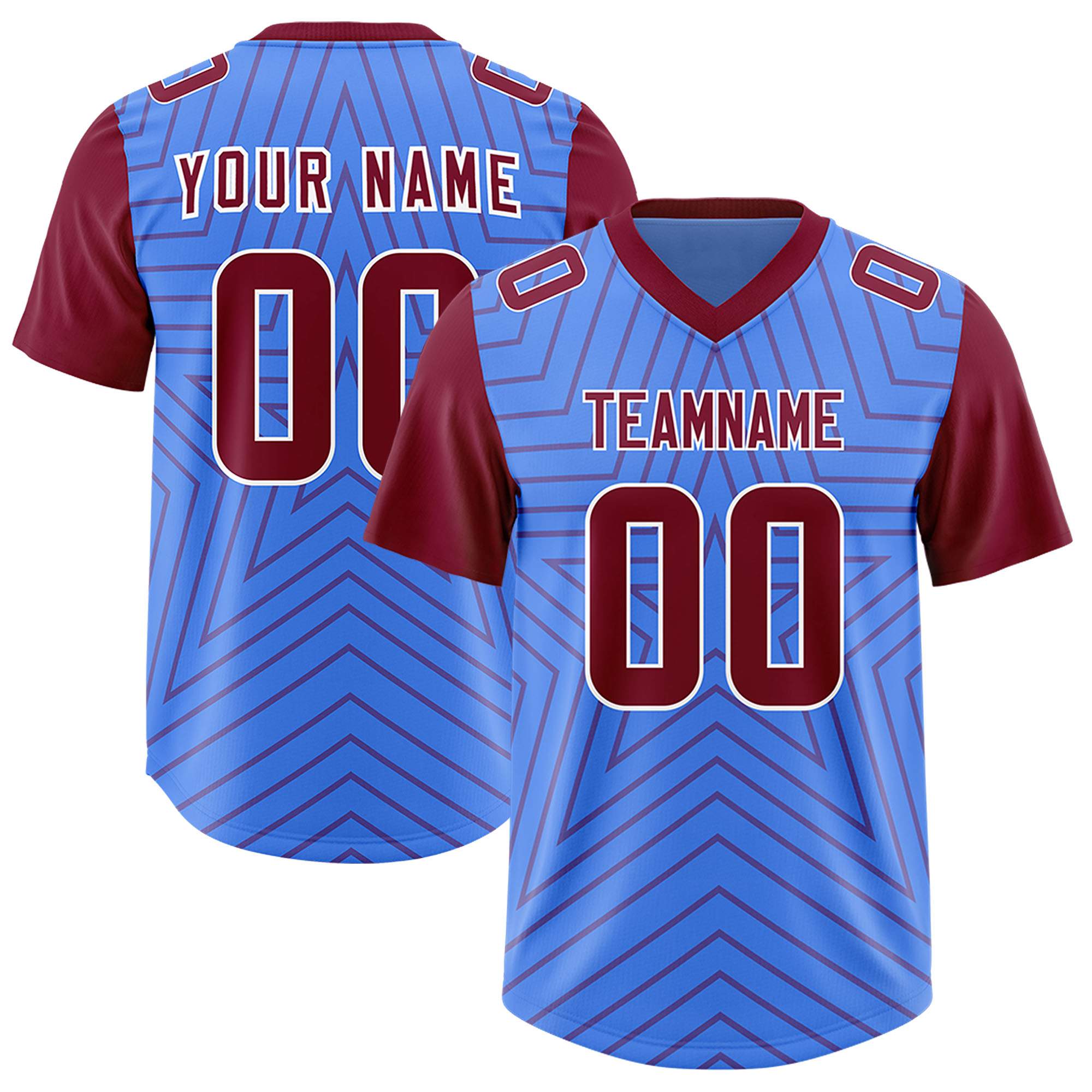 Custom Powder Blue Cardinal Personalized Star Pattern Raglan Sleeves Authentic American Football Jersey