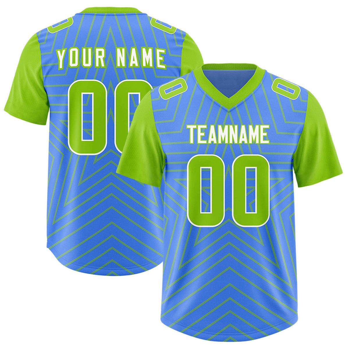 Custom Powder Blue Neon Green Personalized Star Pattern Raglan Sleeves Authentic American Football Jersey