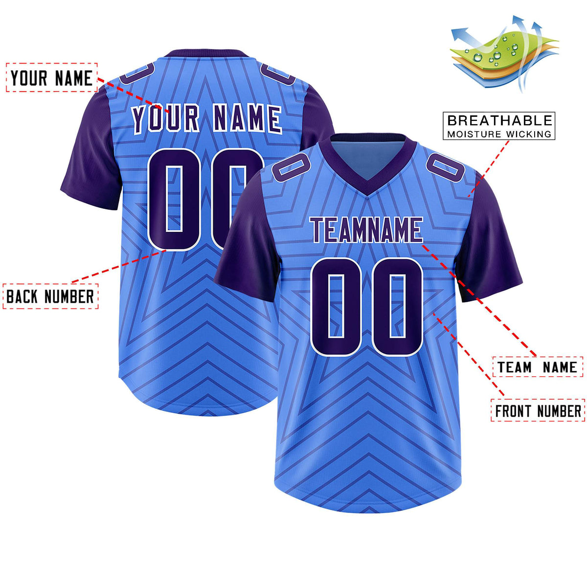 Custom Powder Blue Purple Personalized Star Pattern Raglan Sleeves Authentic American Football Jersey