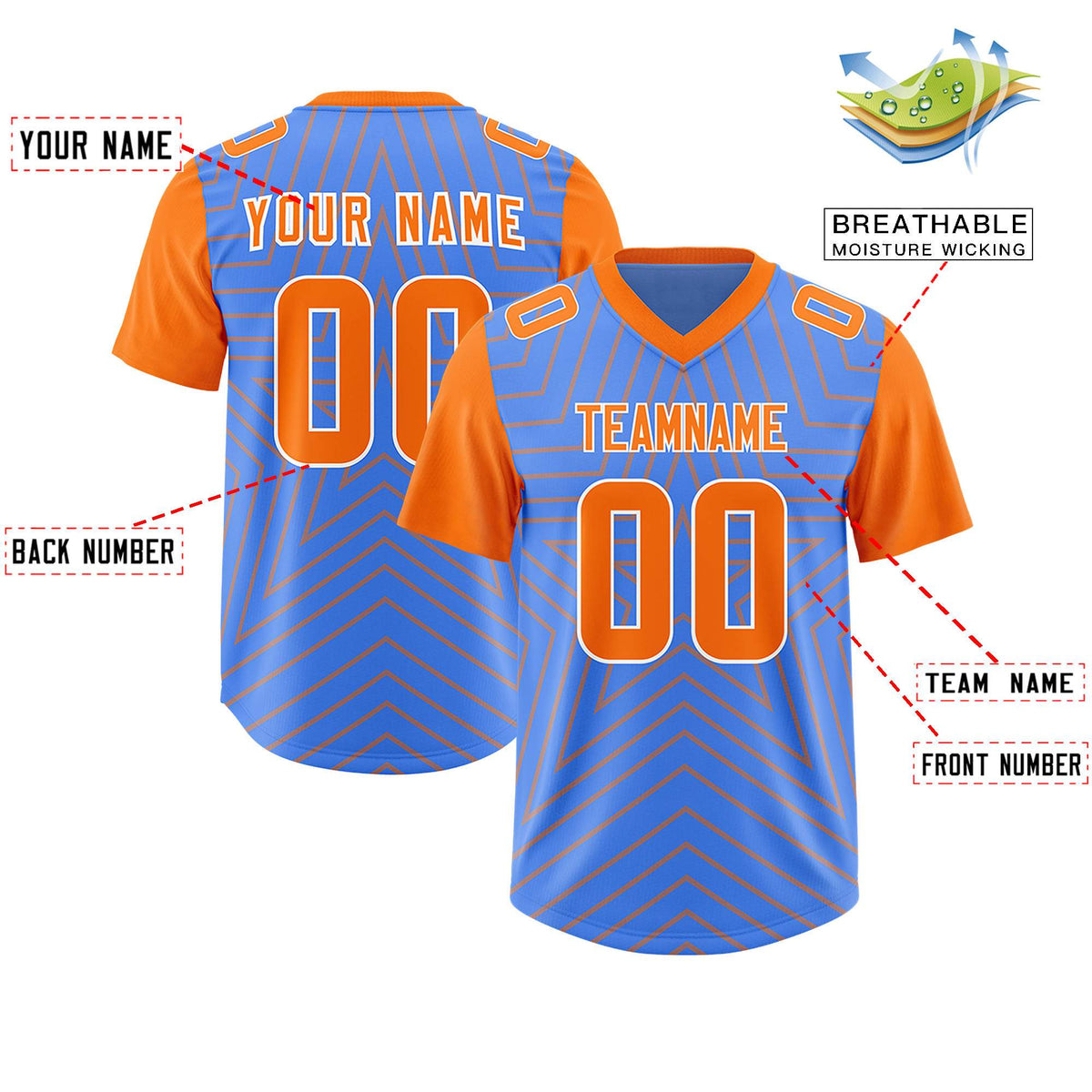 Custom Powder Blue Orange Personalized Star Pattern Raglan Sleeves Authentic American Football Jersey