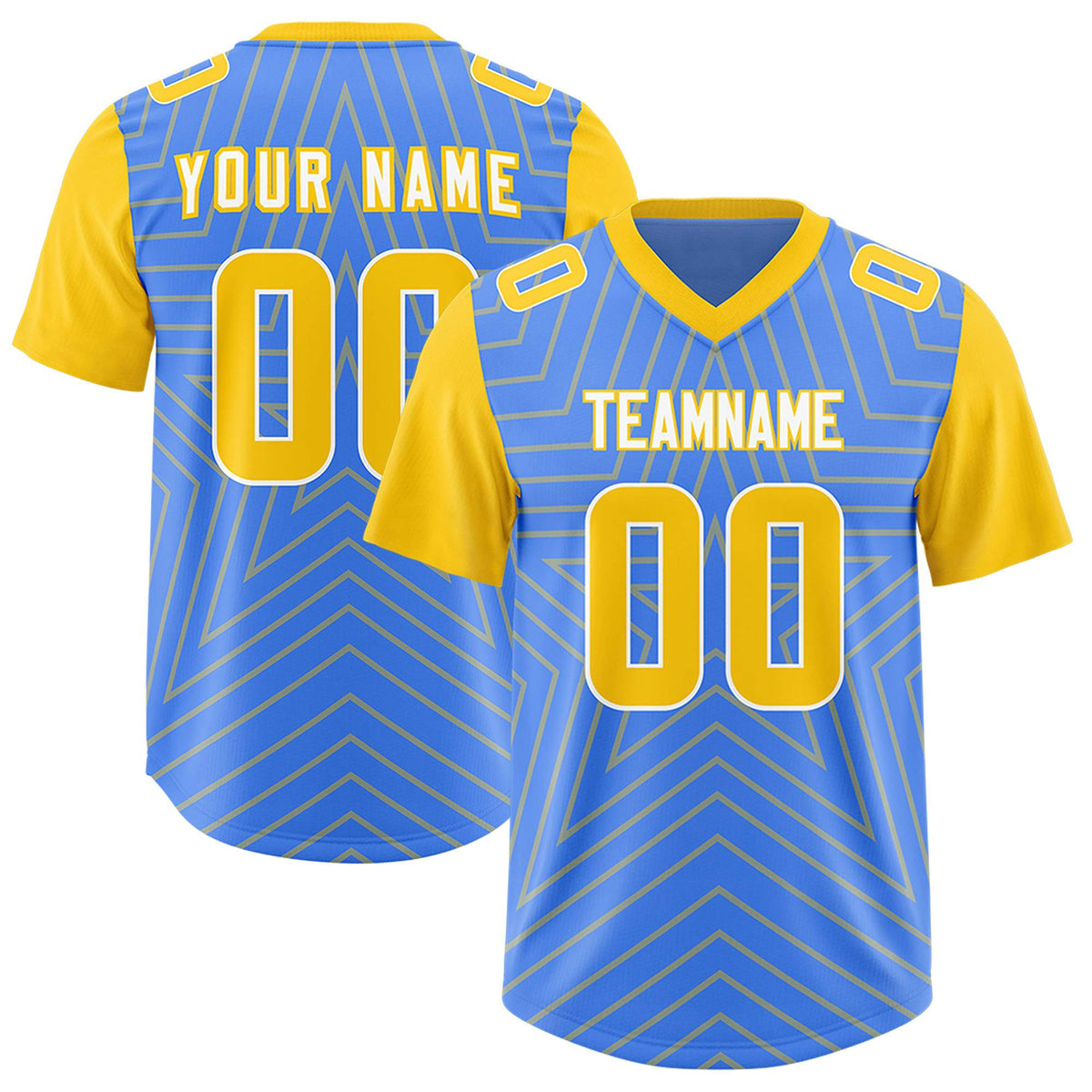 Custom Powder Blue Gold Personalized Star Pattern Raglan Sleeves Authentic American Football Jersey