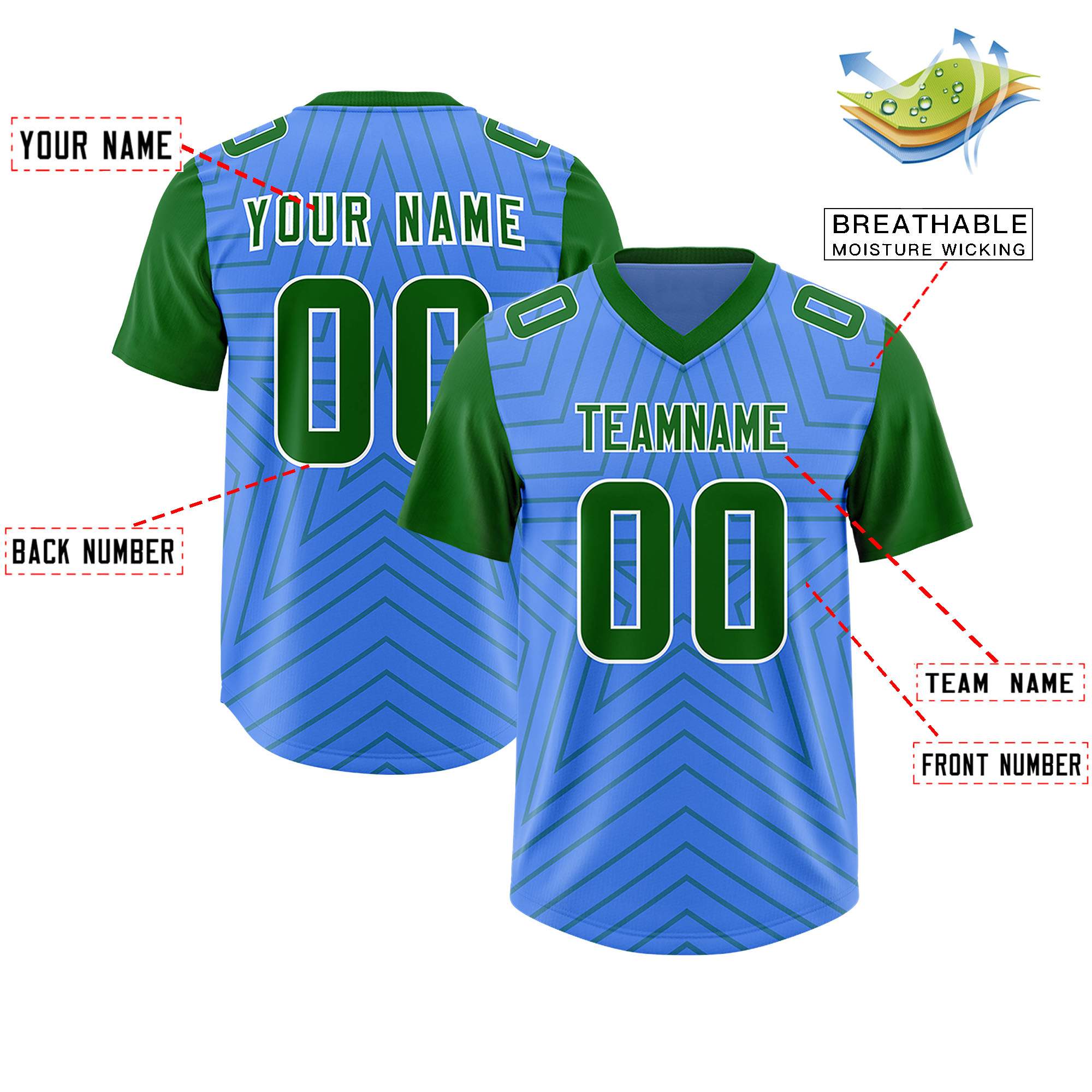 Custom Powder Blue Kelly Green Personalized Star Pattern Raglan Sleeves Authentic American Football Jersey