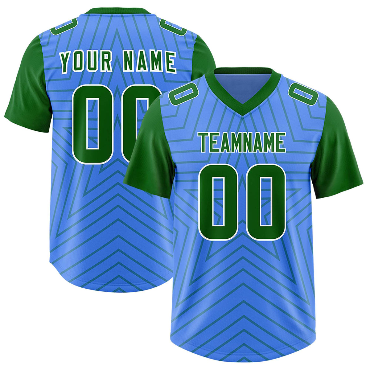 Custom Powder Blue Kelly Green Personalized Star Pattern Raglan Sleeves Authentic American Football Jersey